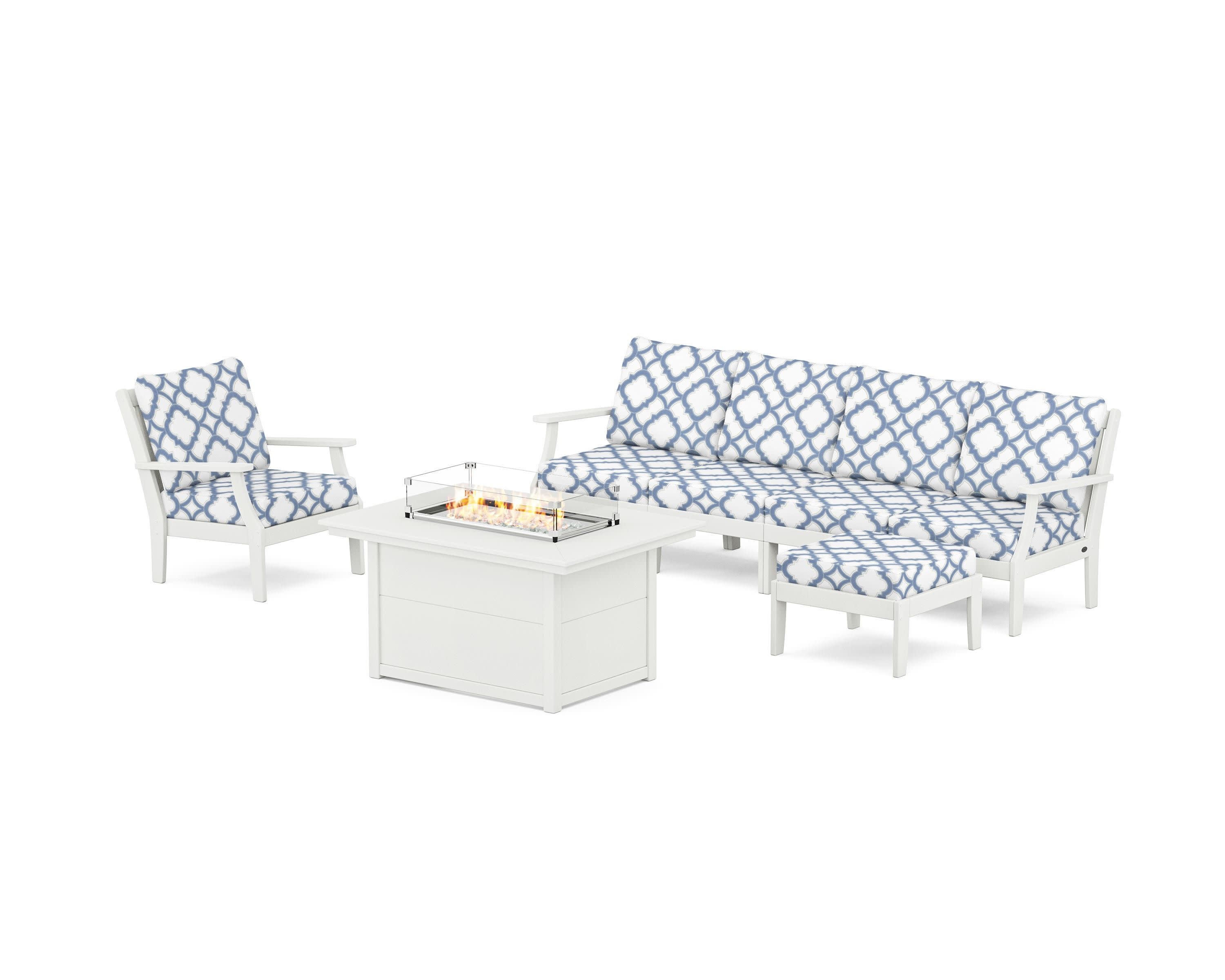 Braxton Sectional Lounge and Fire Pit Set in Vintage White / Trellis Sky Blue