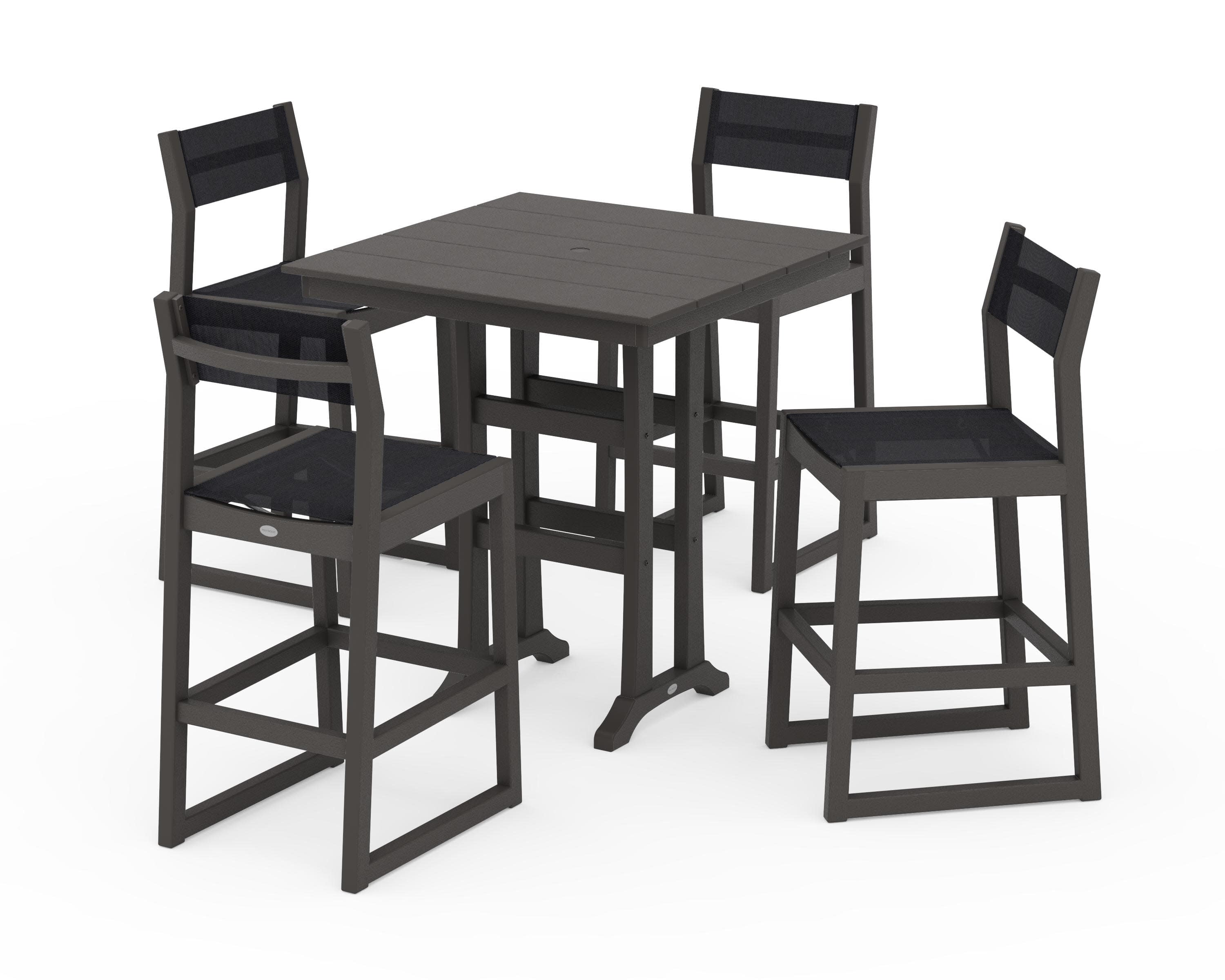 EDGE Sling Arm Chair 5-Piece Farmhouse Bar Set with Trestle Legs in Vintage Coffee / Black Sling
