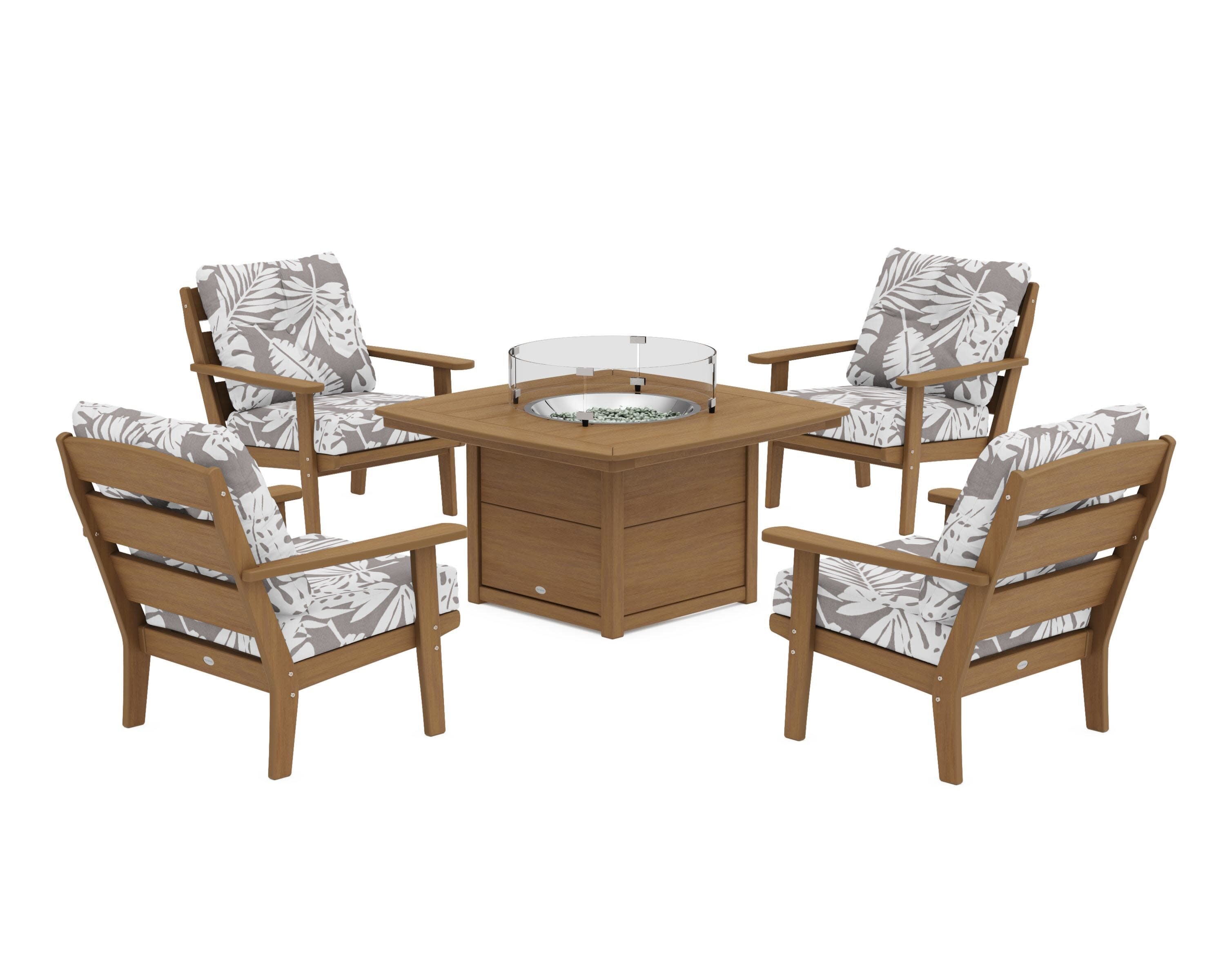 Lakeside 5-Piece Deep Seating Set with Nautical Fire Pit Table in Natural / Leaf Grey Mist