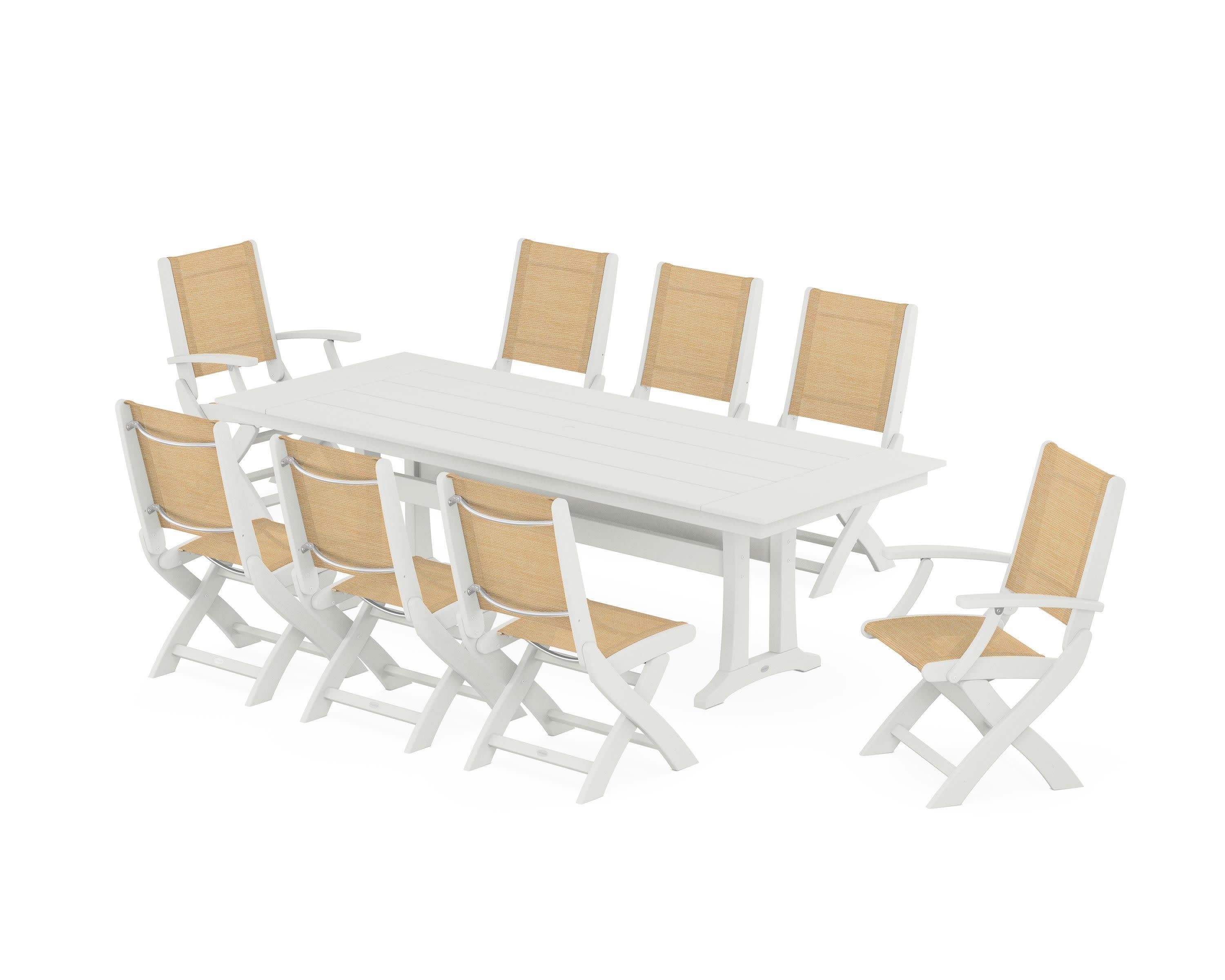 Coastal 9-Piece Folding Dining Chair Farmhouse Dining Set with Trestle Legs in Vintage White / Dupioni Apricot Sling