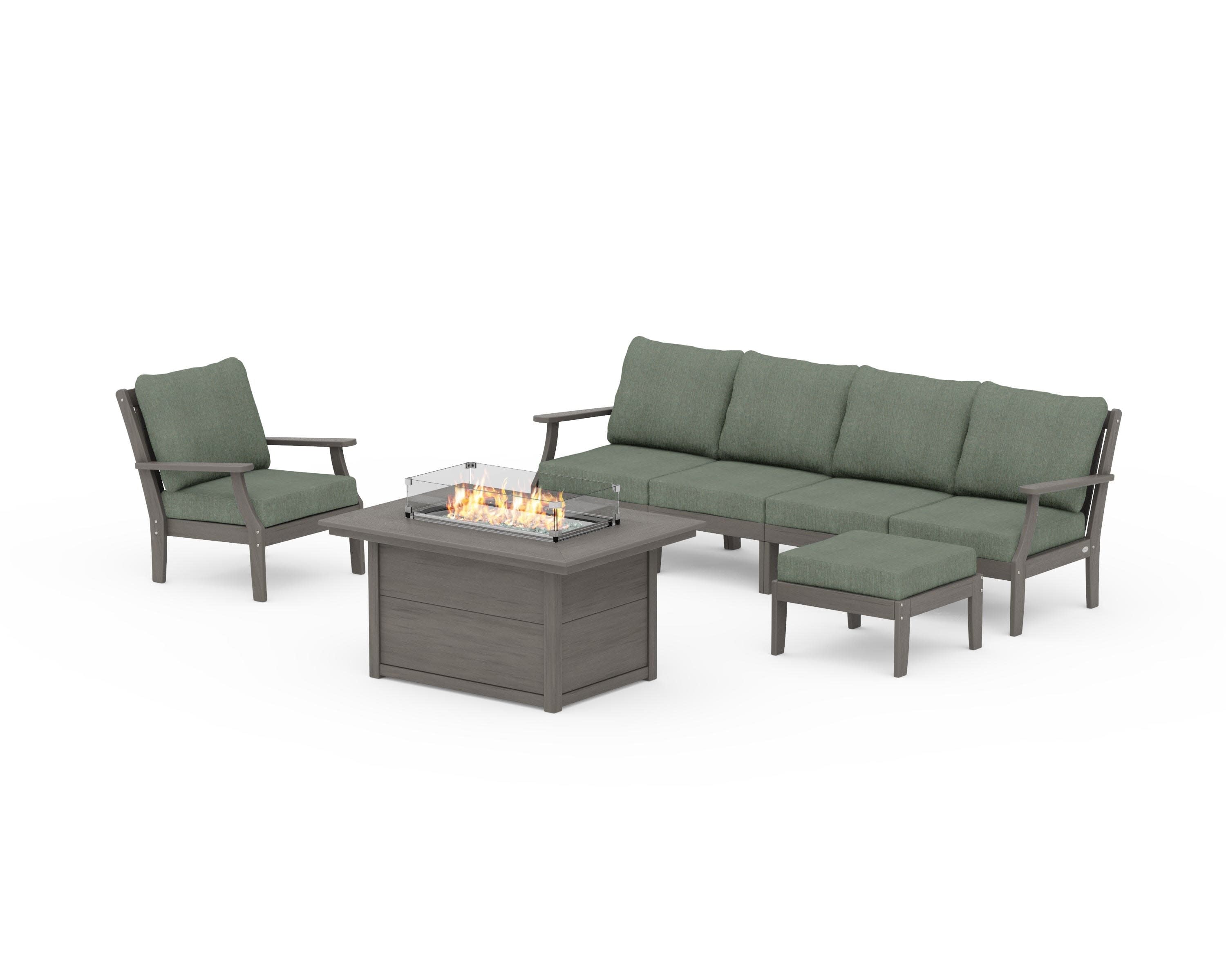 Braxton Sectional Lounge and Fire Pit Set in Driftwood / Cast Sage