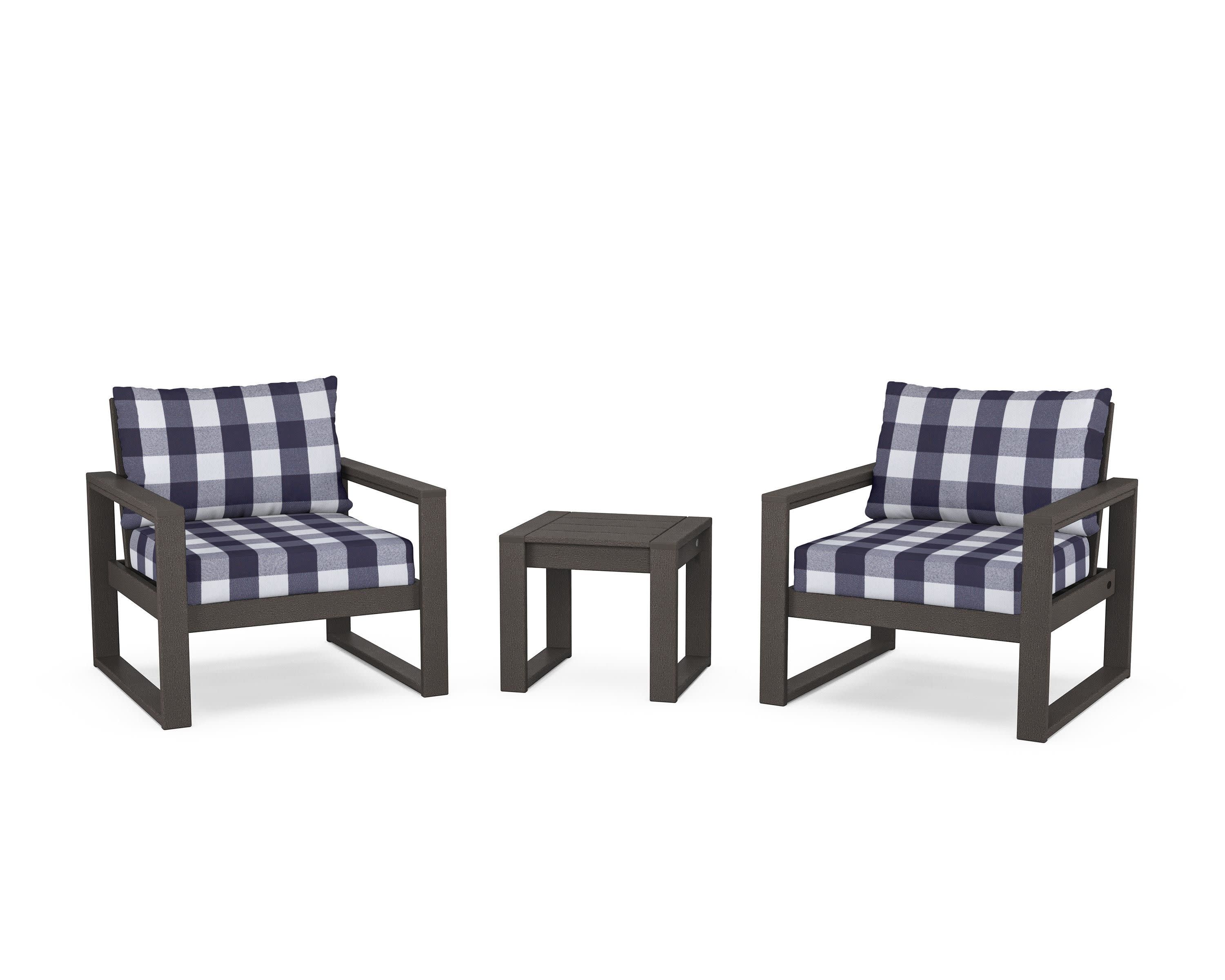 EDGE Sectional 3-Piece Deep Seating Set in Vintage Coffee / Buffalo Plaid Navy