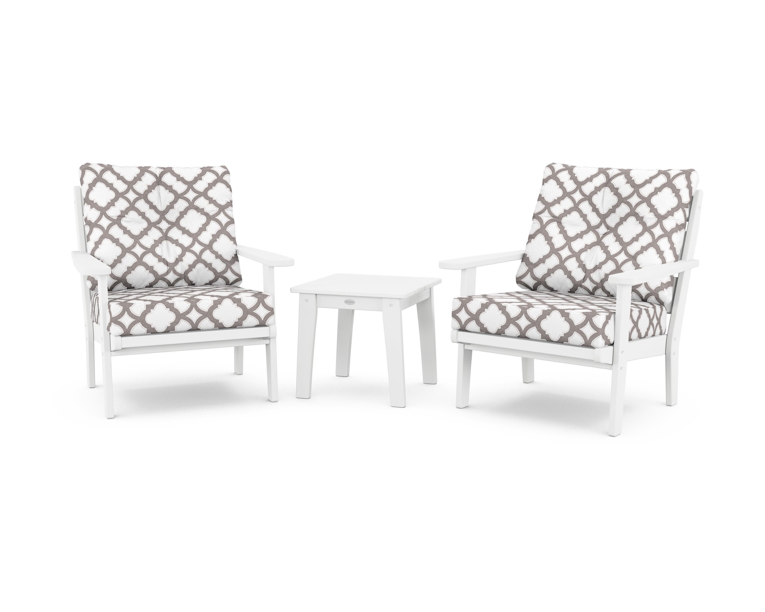 Lakeside 3-Piece Deep Seating Chair Set in White / Trellis Grey Mist