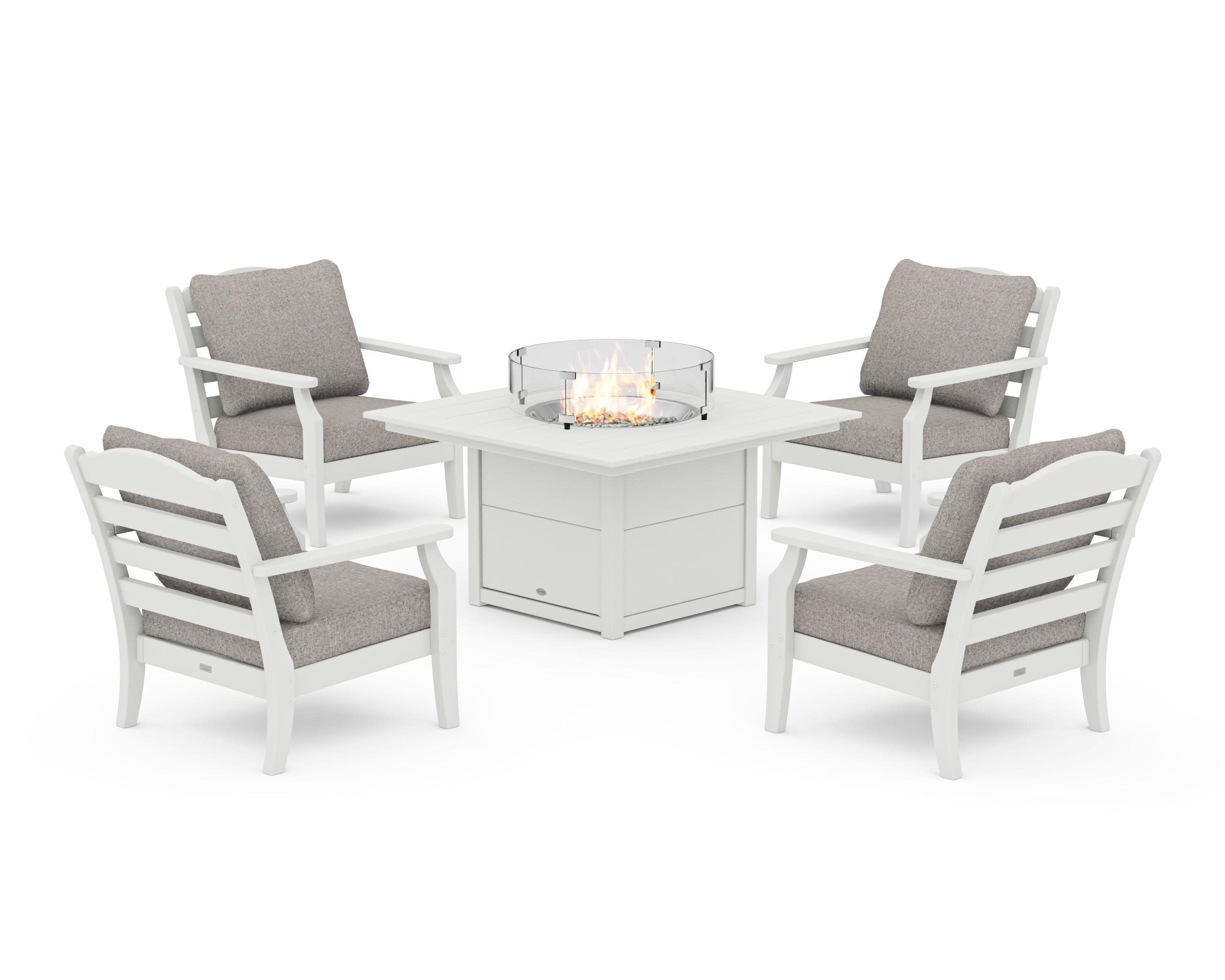 Savannah 5-Piece Deep Seating Set with Fire Pit Table in Vintage White / Weathered Tweed