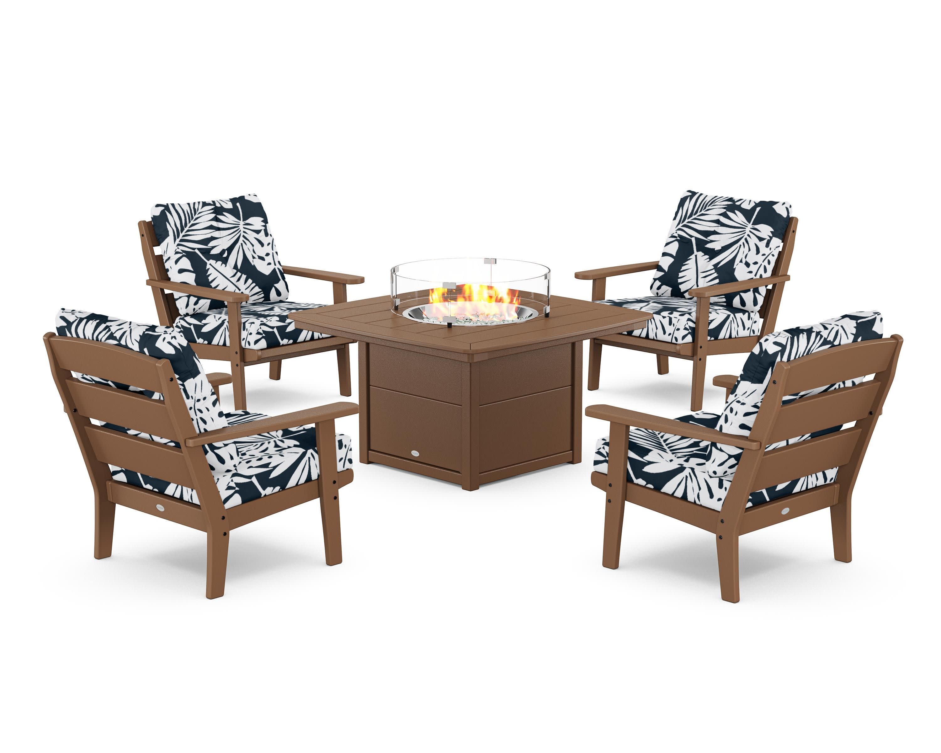 Lakeside 5-Piece Deep Seating Set with Nautical Fire Pit Table in Teak / Leaf Marine Indigo