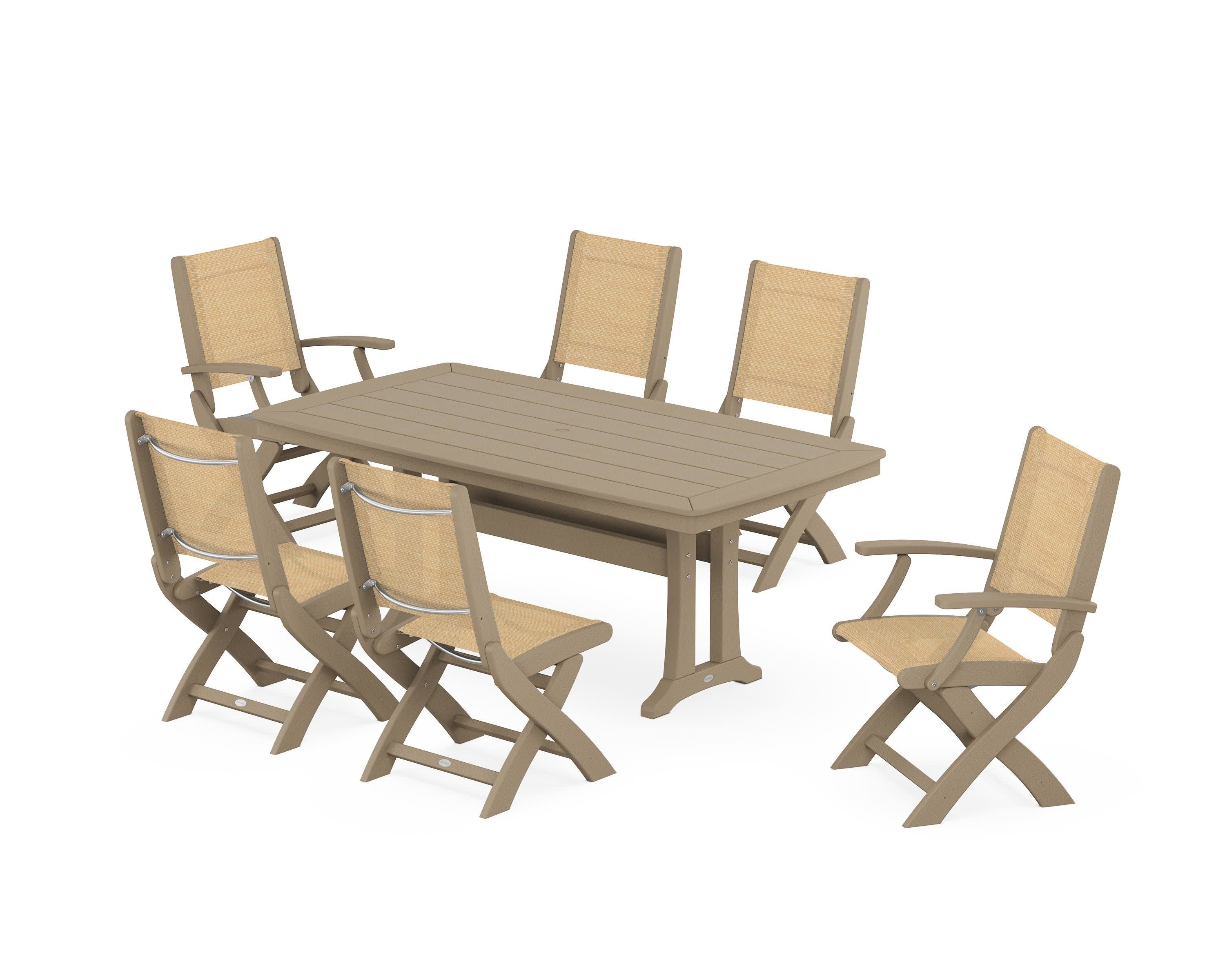 Coastal Folding Chair 7-Piece Dining Set with Trestle Legs in Vintage Sahara / Dupioni Apricot Sling