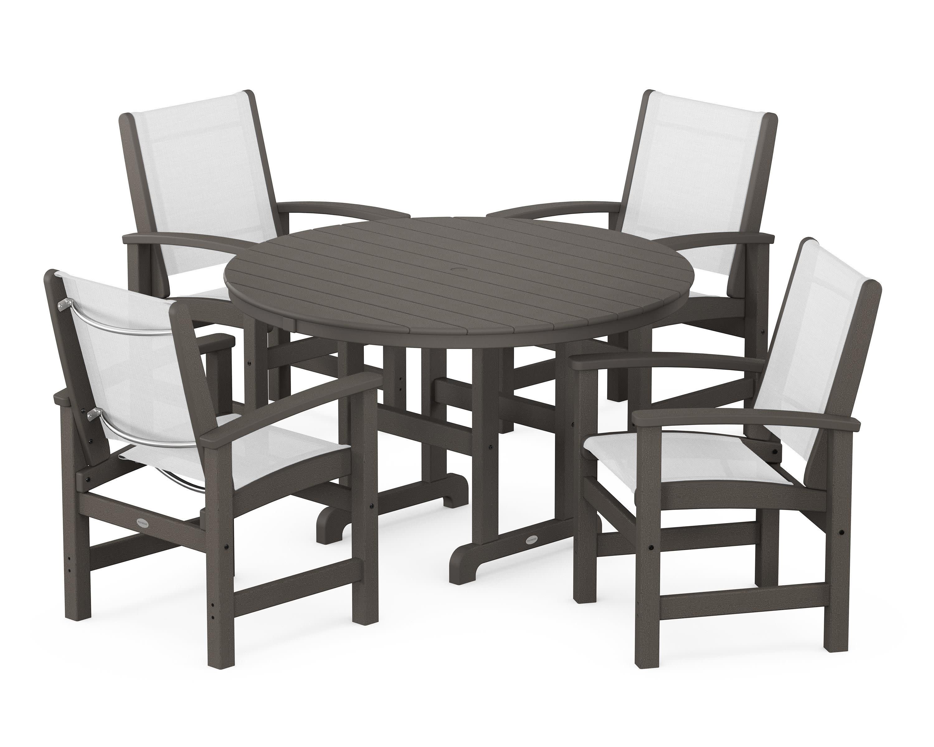 Coastal 5-Piece Round Farmhouse Dining Set in Vintage Coffee / White Sling