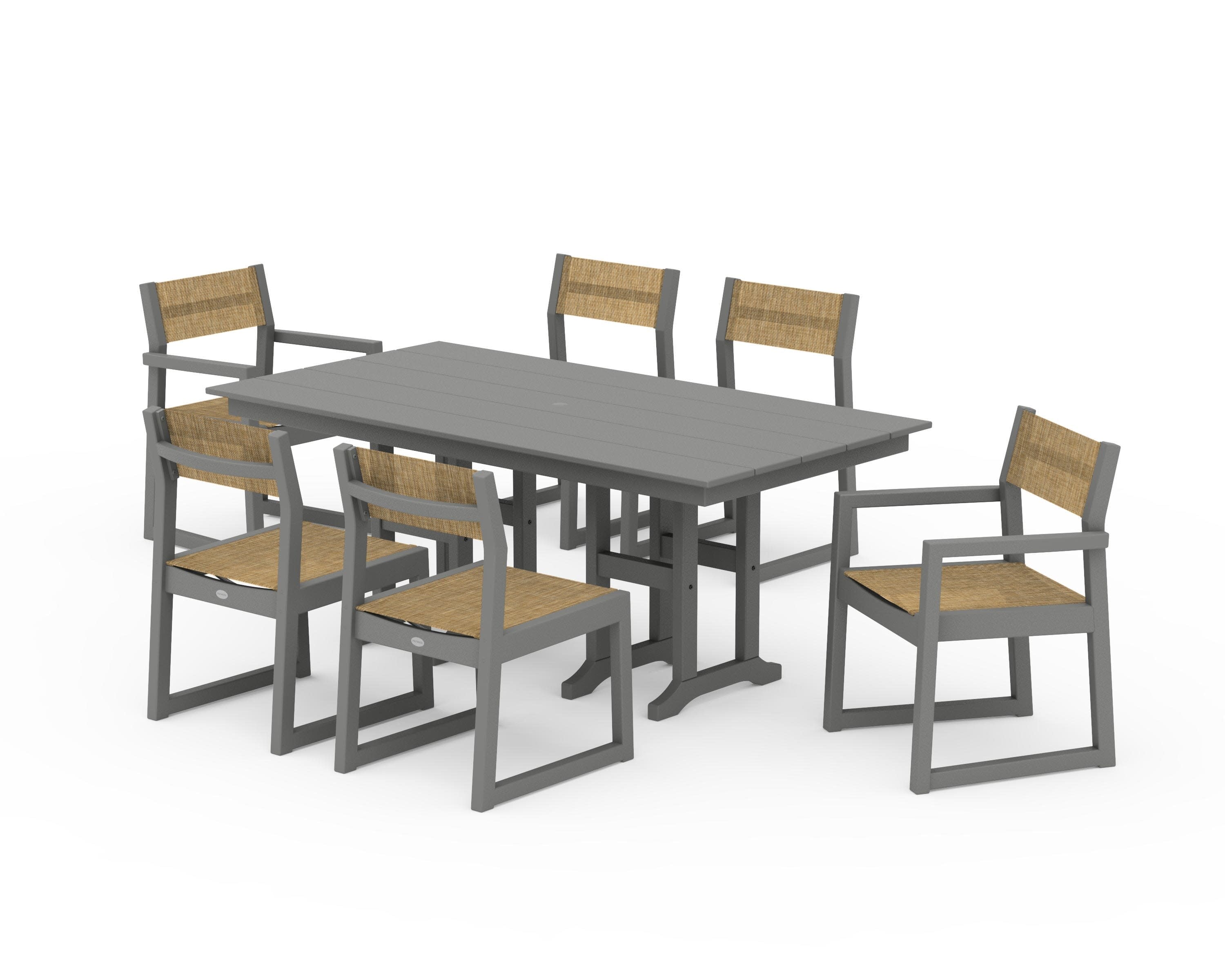 EDGE Sling 7-Piece Farmhouse Dining Set in Slate Grey / Burlap Sling