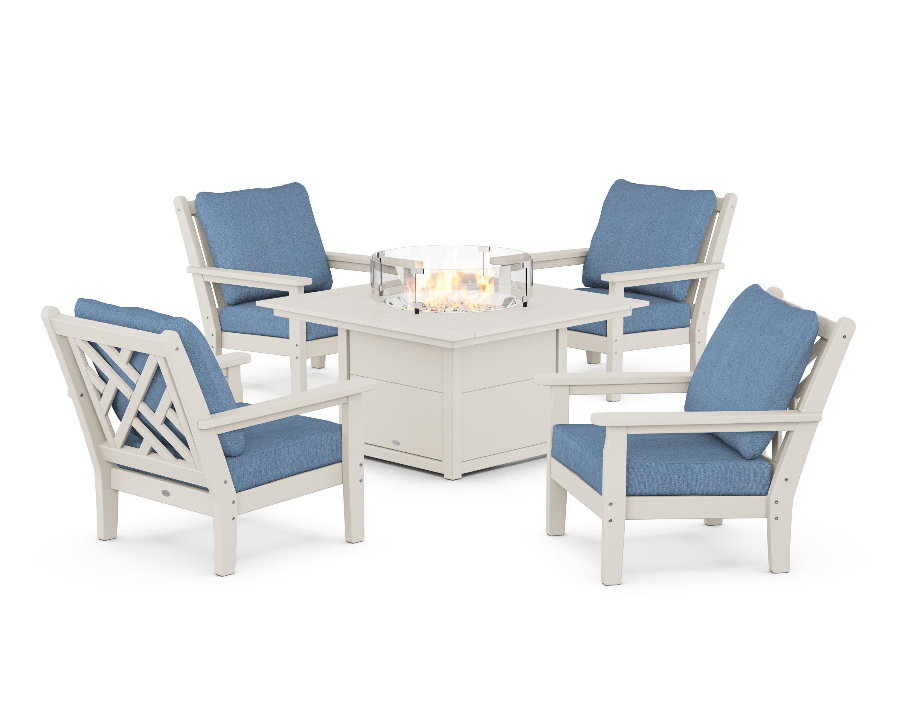 Chippendale 5-Piece Deep Seating Set with Fire Pit Table in Sand / Sky Blue