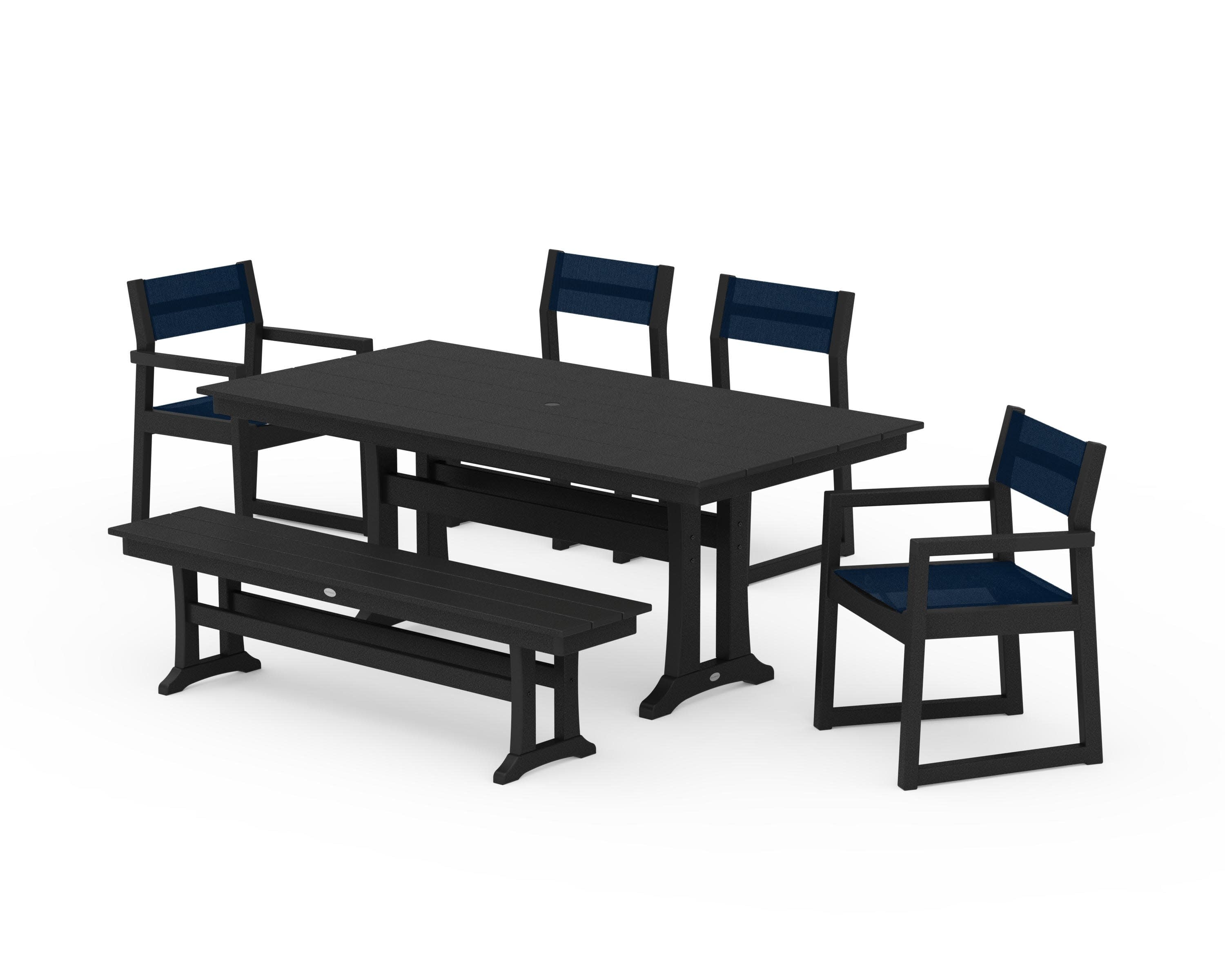 EDGE Sling 6-Piece Farmhouse Dining Set With Trestle Legs in Black / Navy Blue Sling