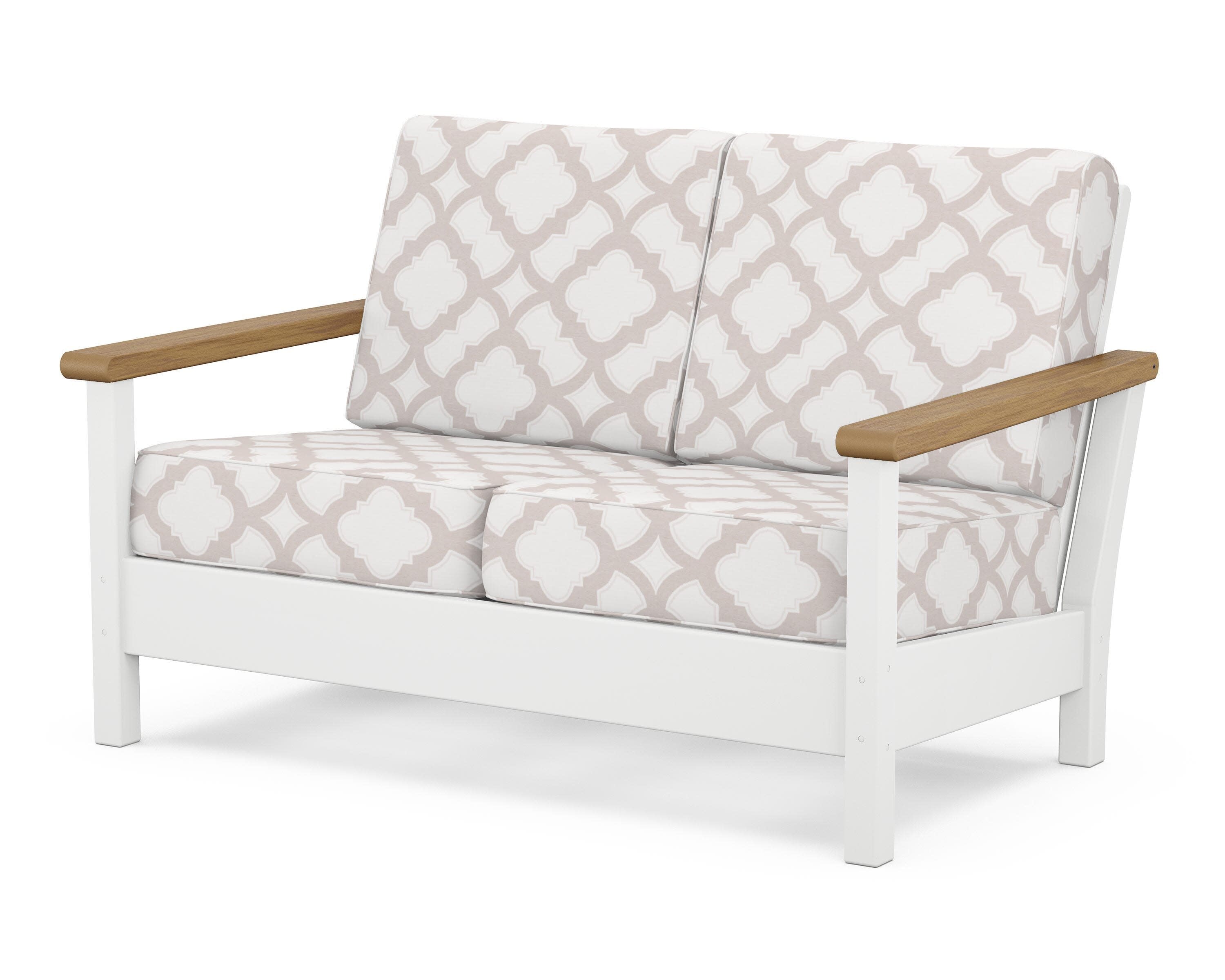 Harbour Deep Seating Loveseat in White / Natural / Trellis Dune Burlap