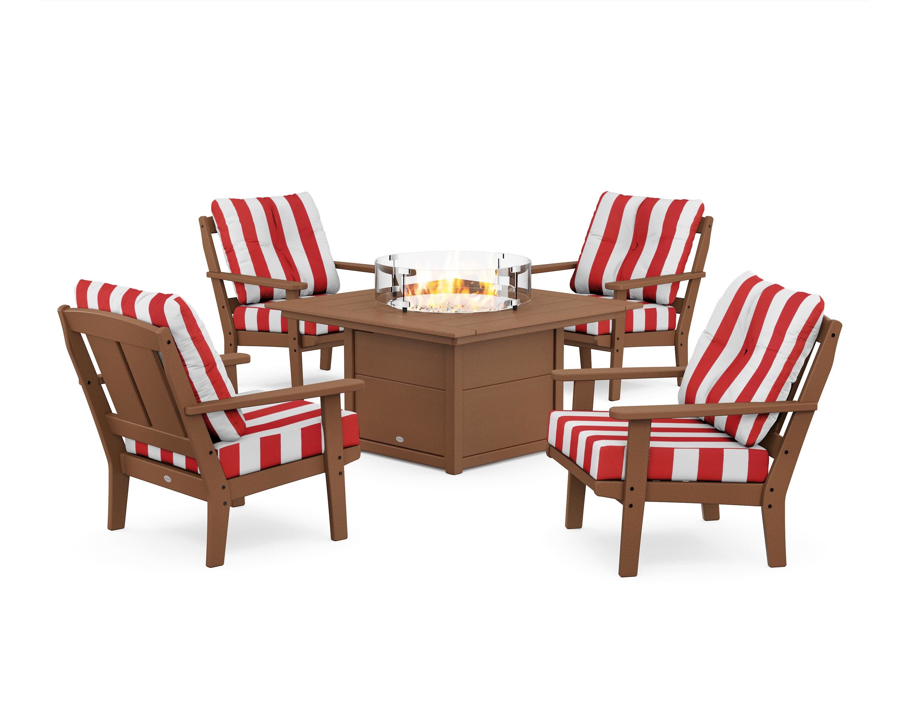 Mission 5-Piece Deep Seating Set with Fire Pit Table in Teak / Cabana Stripe Crimson