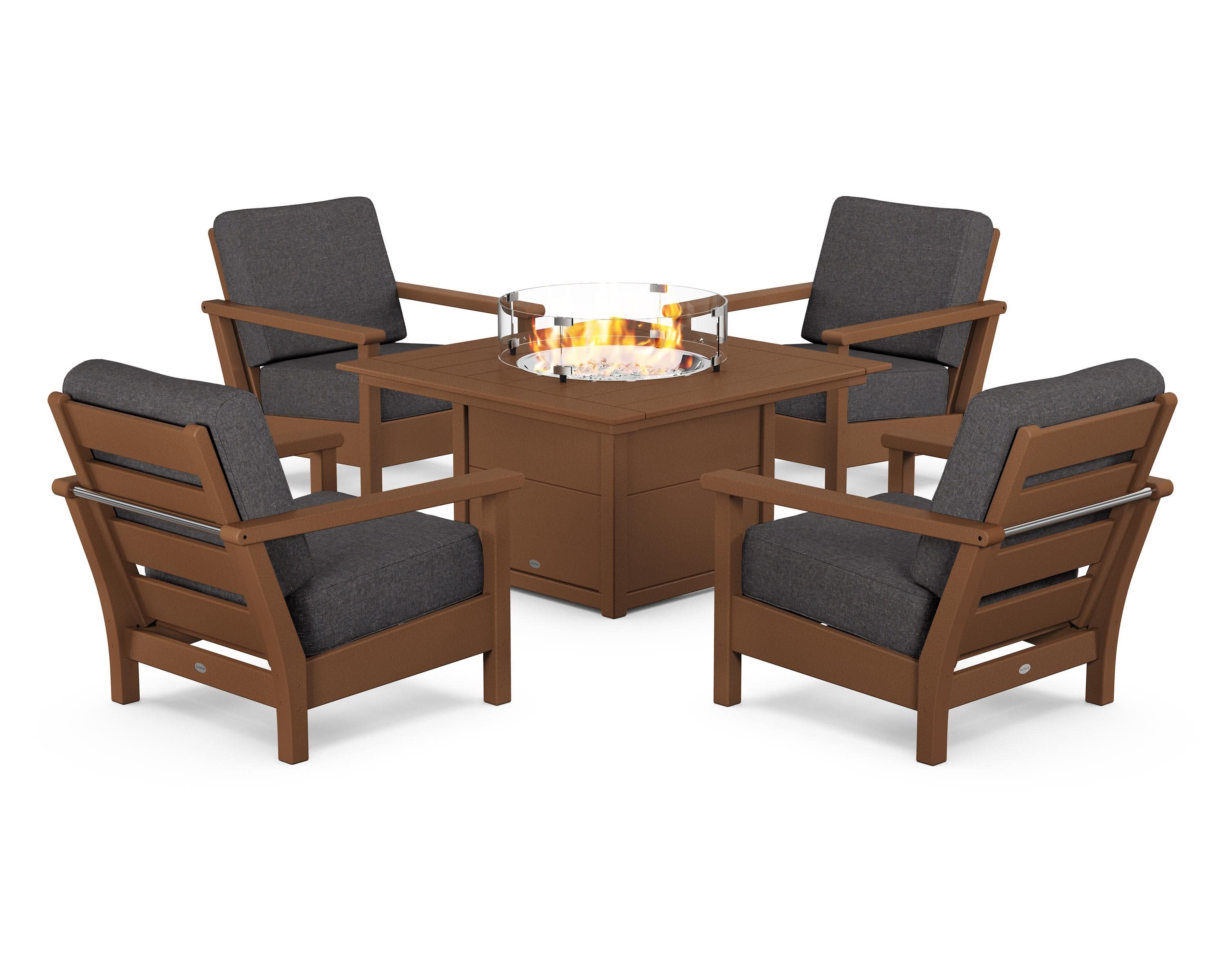 Harbour 5-Piece Conversation Set with Fire Pit Table in Teak / Ash Charcoal
