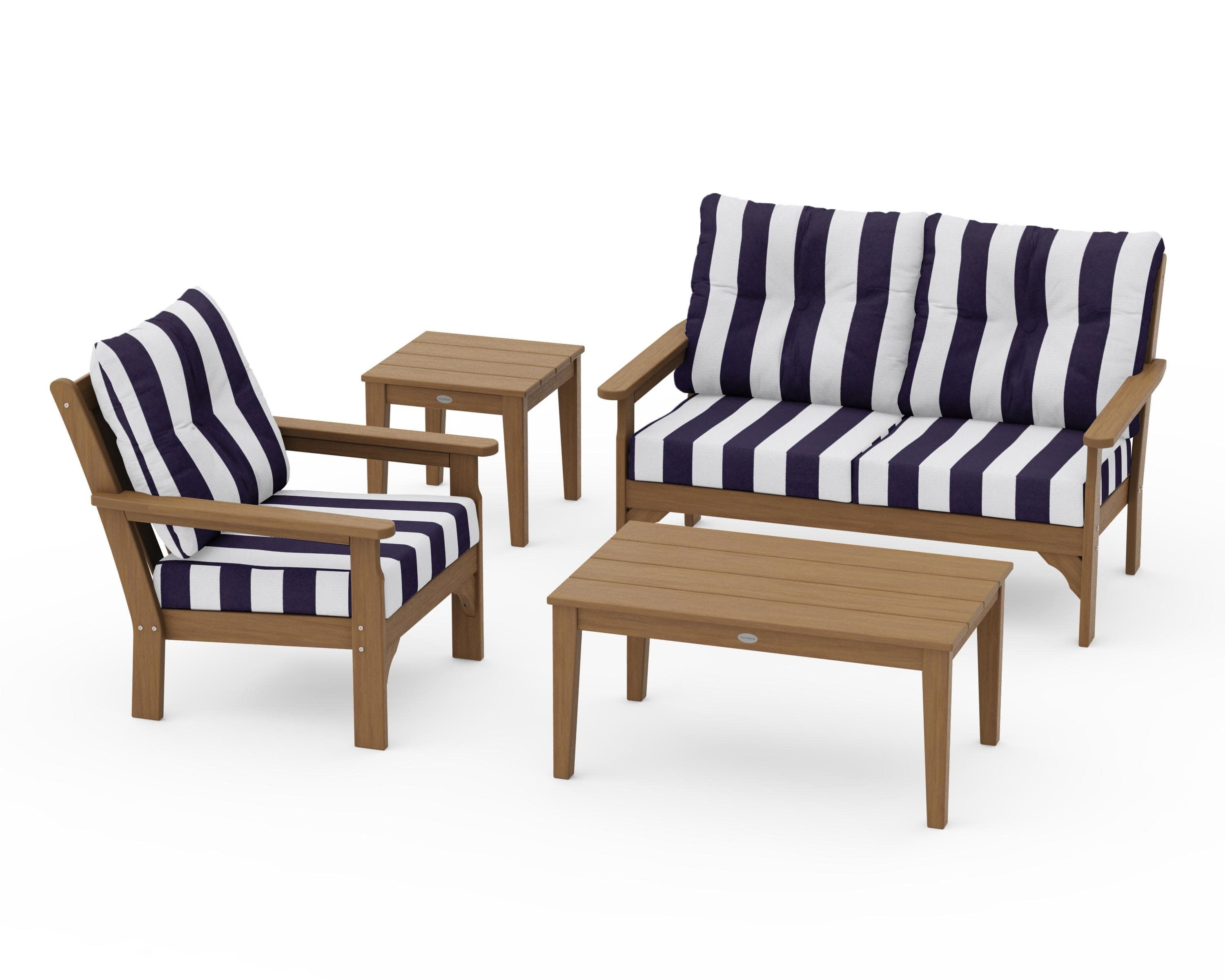 Vineyard 4-Piece Deep Seating Set in Natural / Cabana Stripe Navy