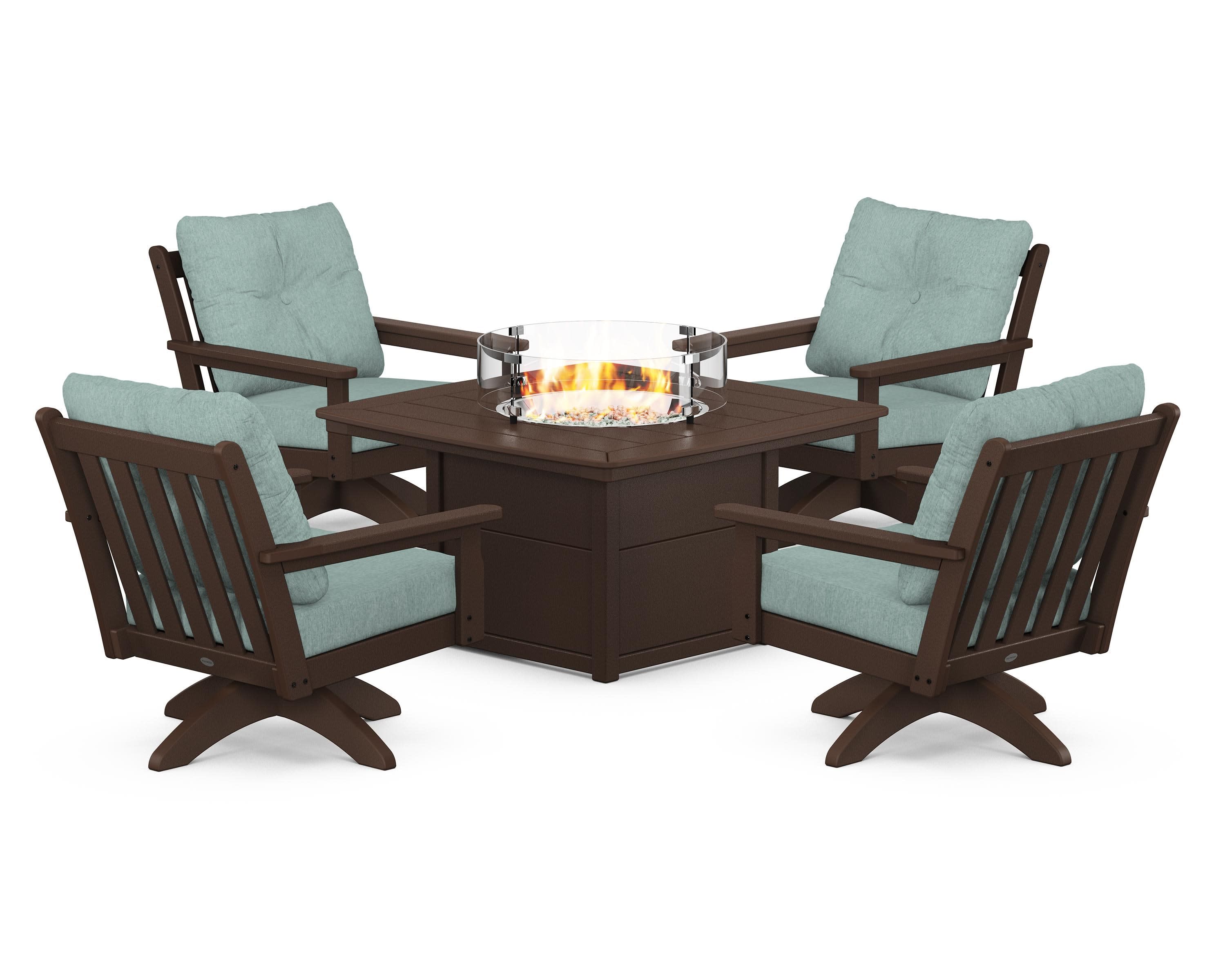 Vineyard 5-Piece Deep Seating Swivel Conversation Set with Fire Pit Table in Mahogany / Glacier Spa