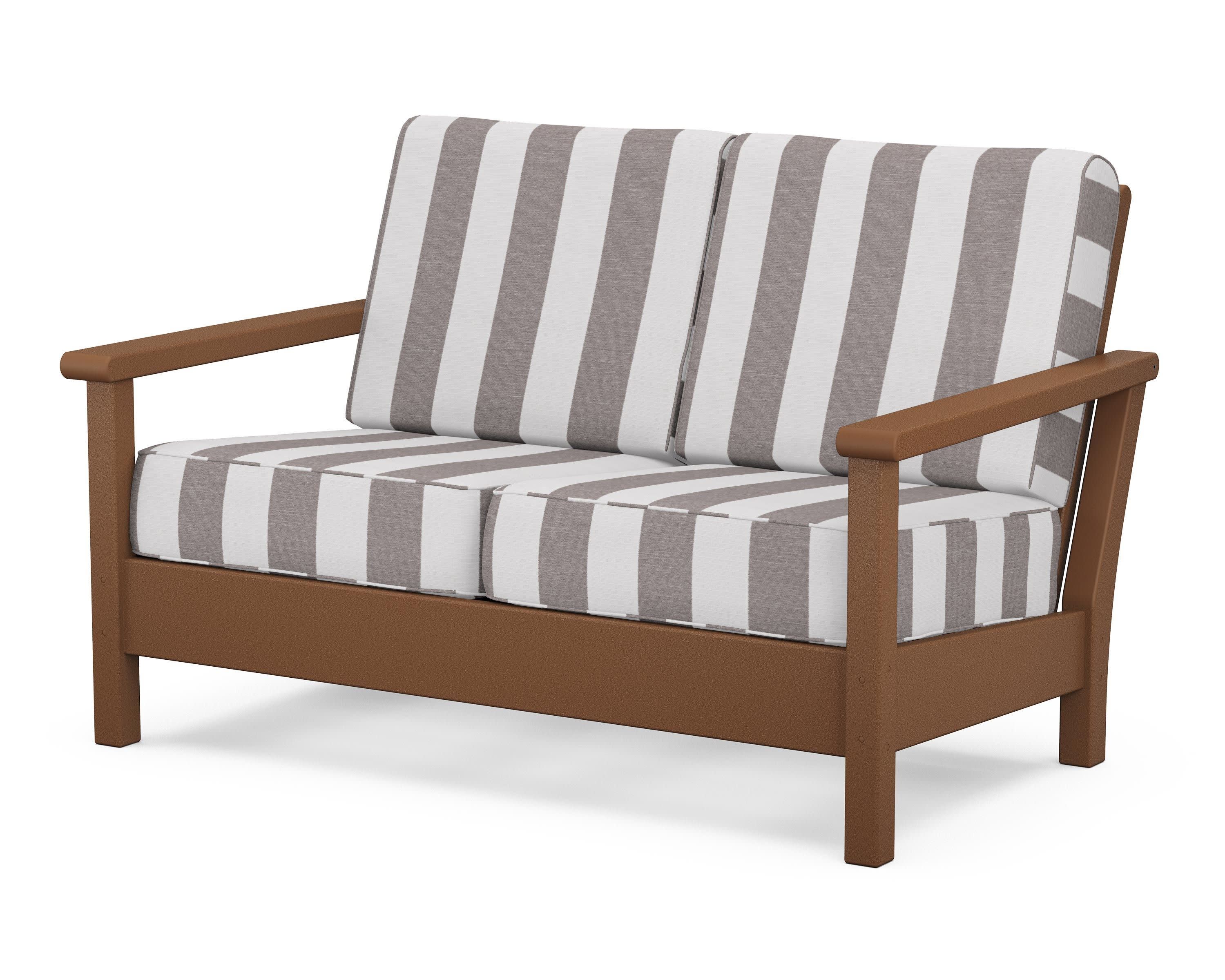 Harbour Deep Seating Loveseat in Teak / Cabana Stripe Grey Mist