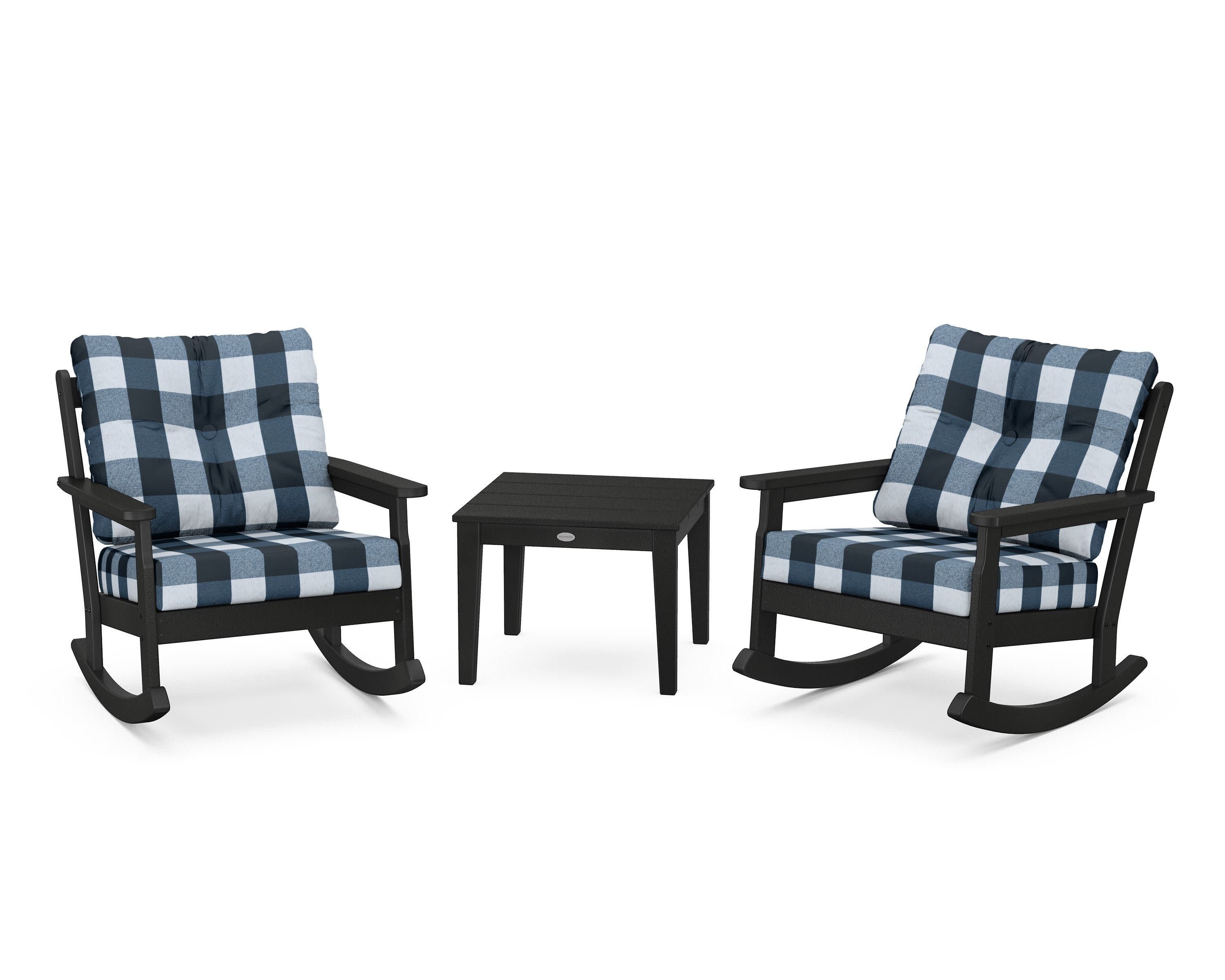 Vineyard 3-Piece Deep Seating Rocker Set in Black / Buffalo Plaid Marine Indigo