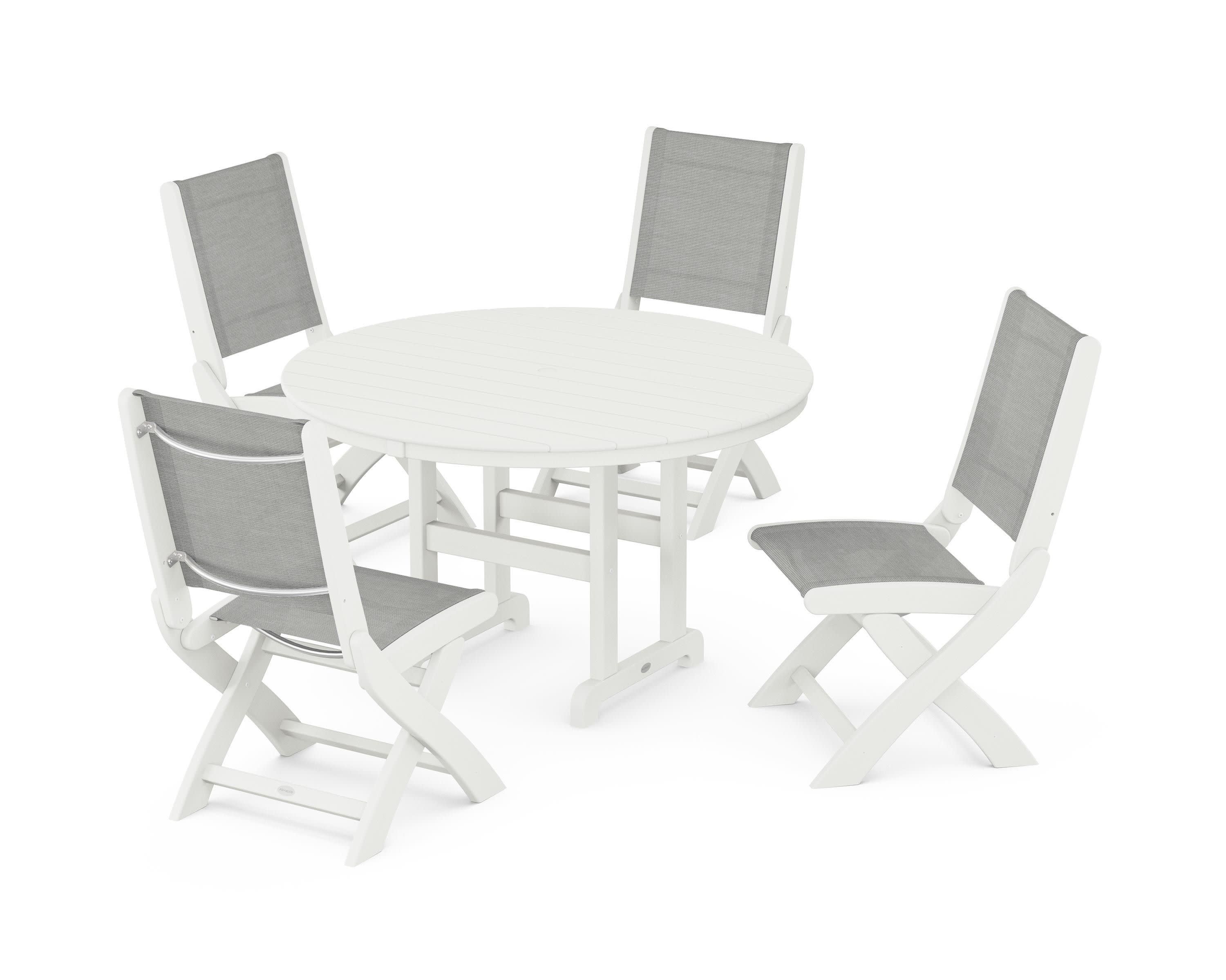 Coastal Folding Side Chair 5-Piece Round Dining Set in Vintage White / Metallic Sling