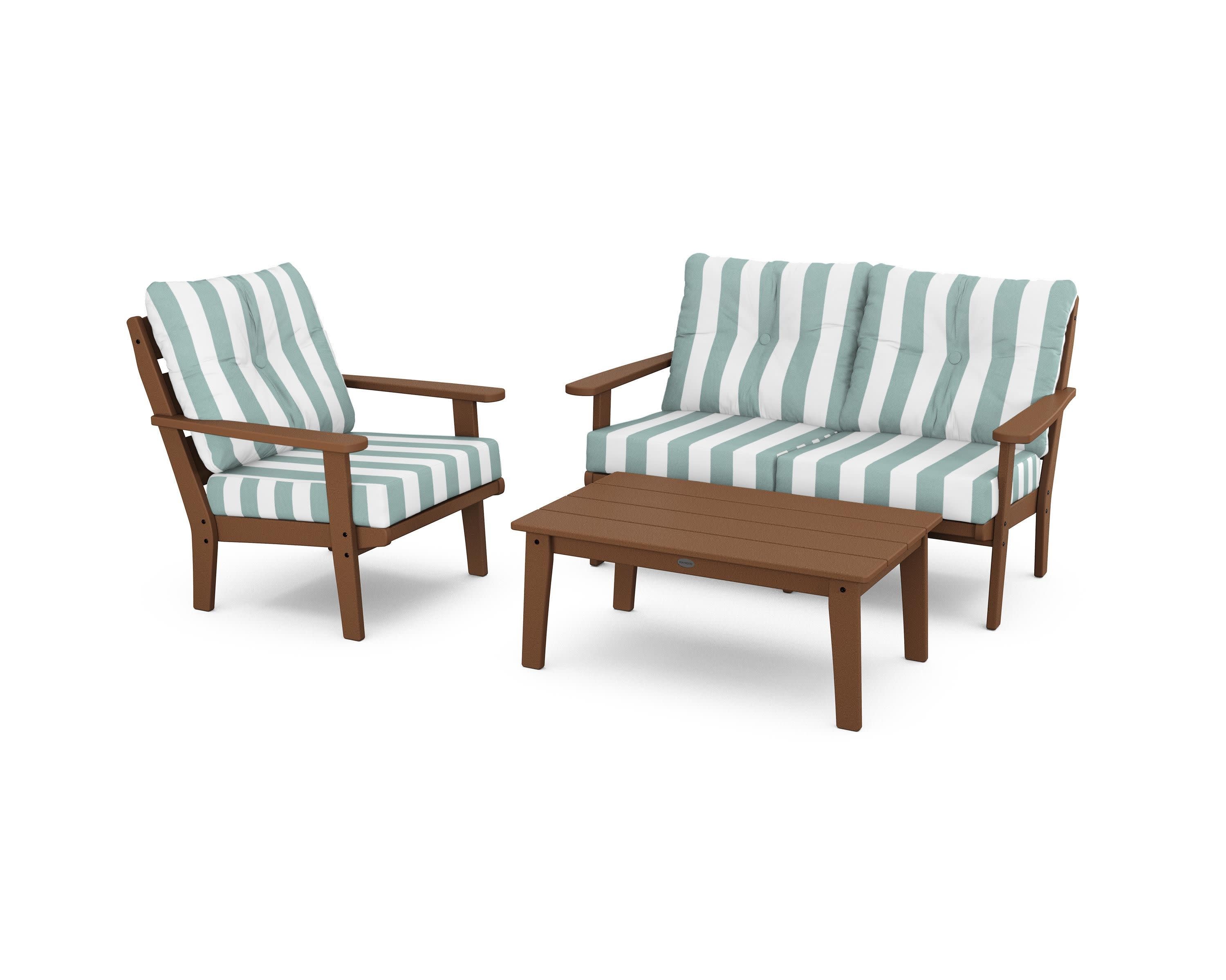 Lakeside 3-Piece Deep Seating Set in Teak / Cabana Stripe Glacier Spa