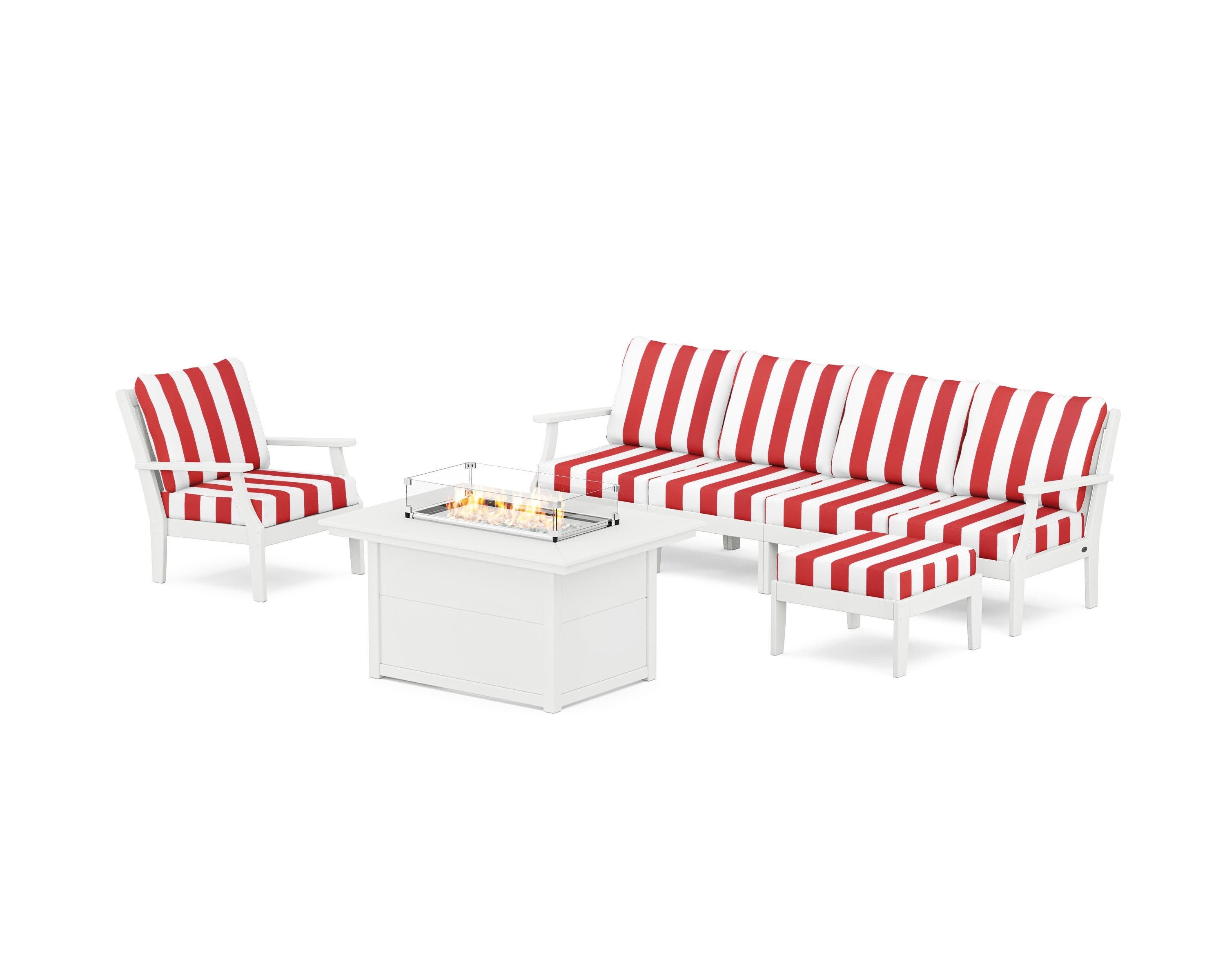 Braxton Sectional Lounge and Fire Pit Set in White / Cabana Stripe Crimson