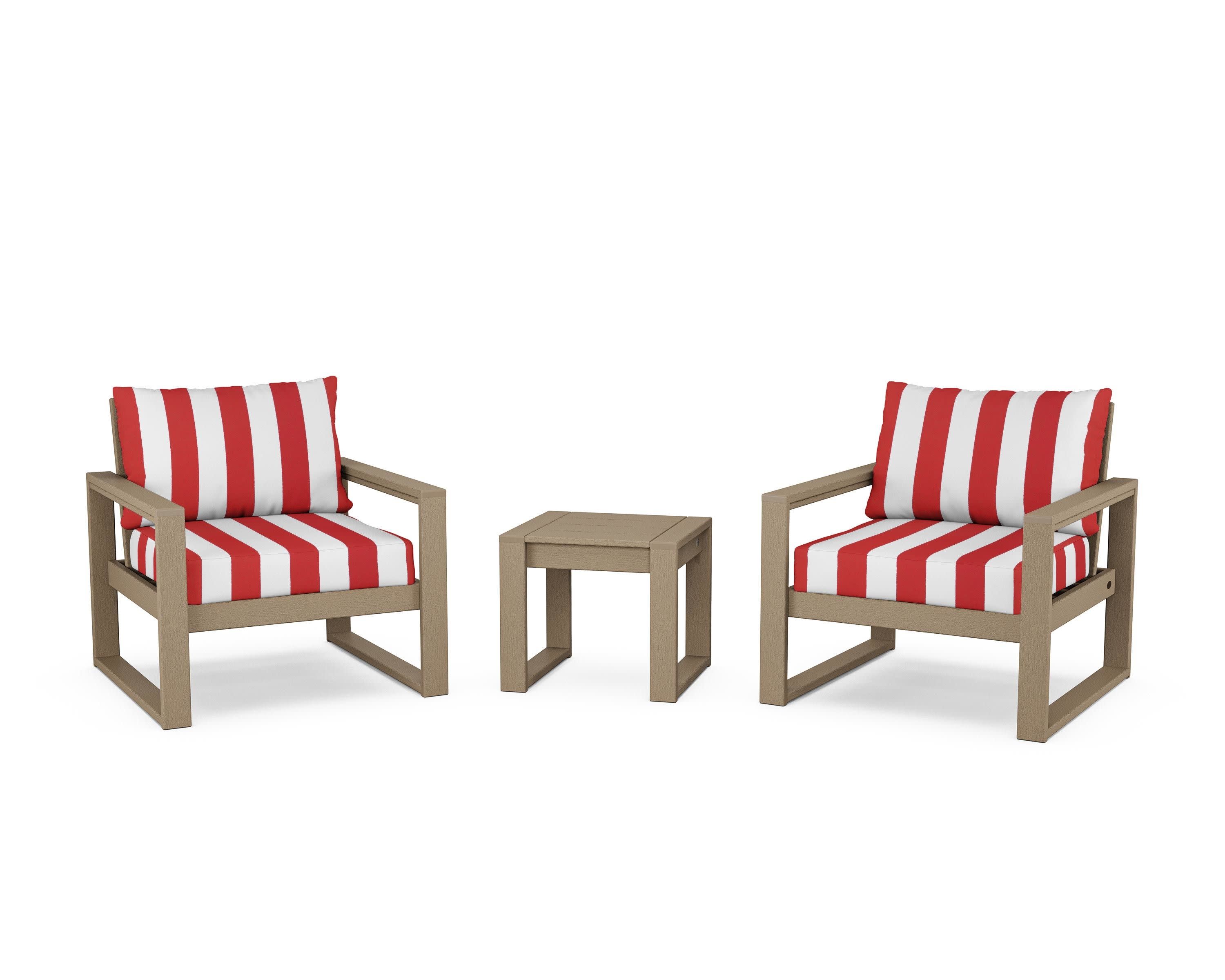 EDGE Sectional 3-Piece Deep Seating Set in Vintage Sahara / Cabana Stripe Crimson