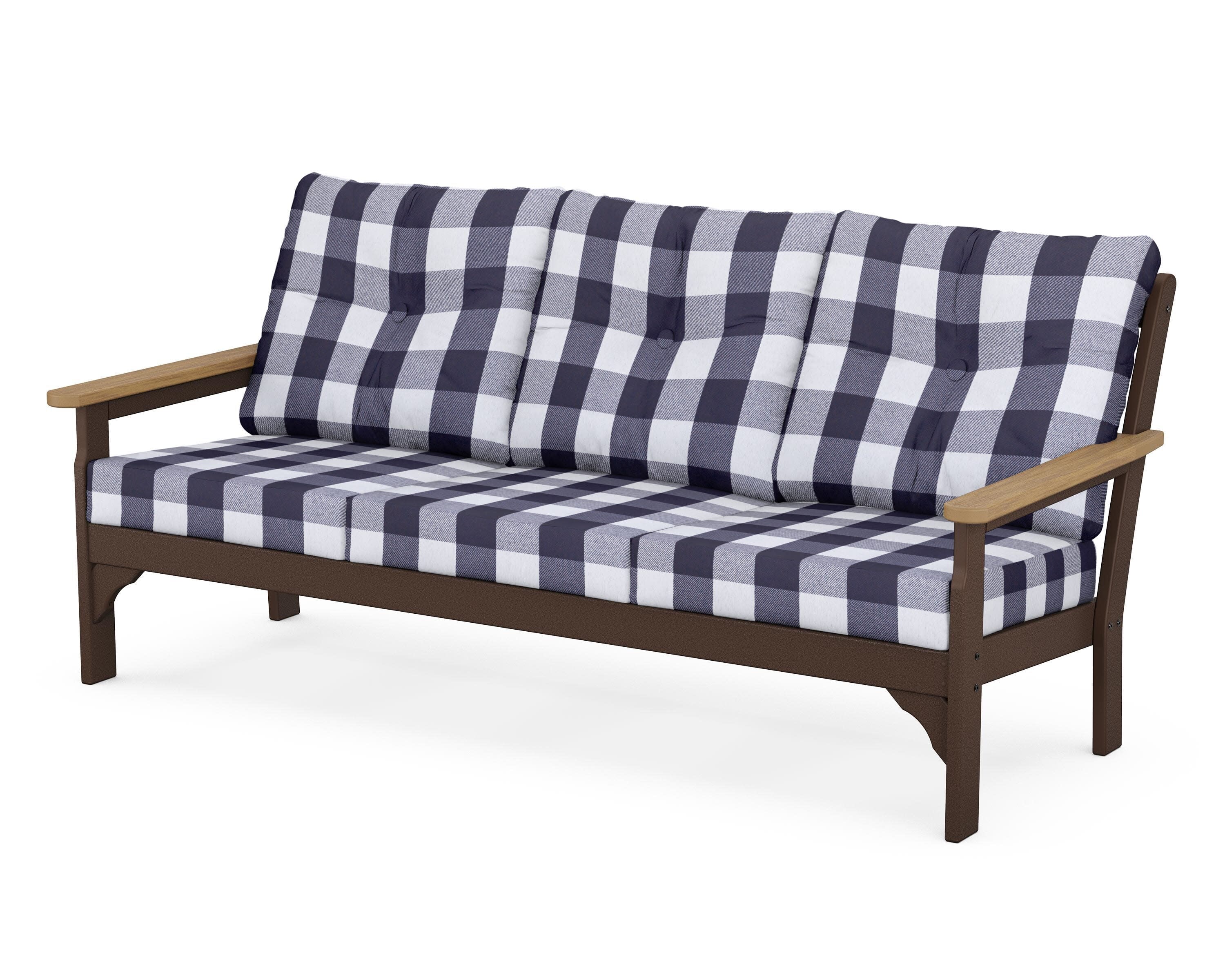 Vineyard Deep Seating Sofa in Mahogany / Natural / Buffalo Plaid Navy