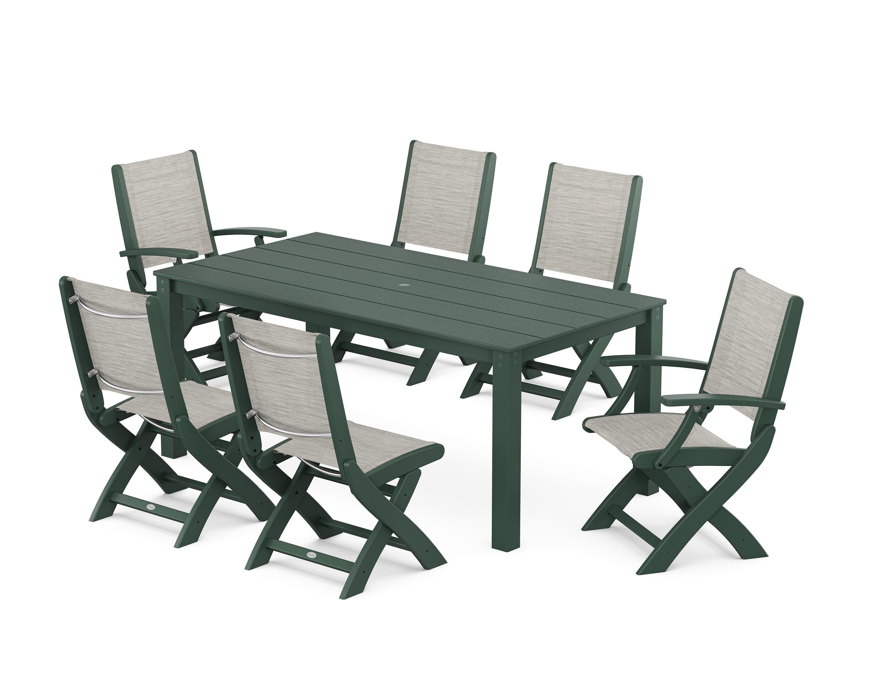 Coastal Folding Chair 7-Piece Parsons Dining Set in Green / Birch Sling