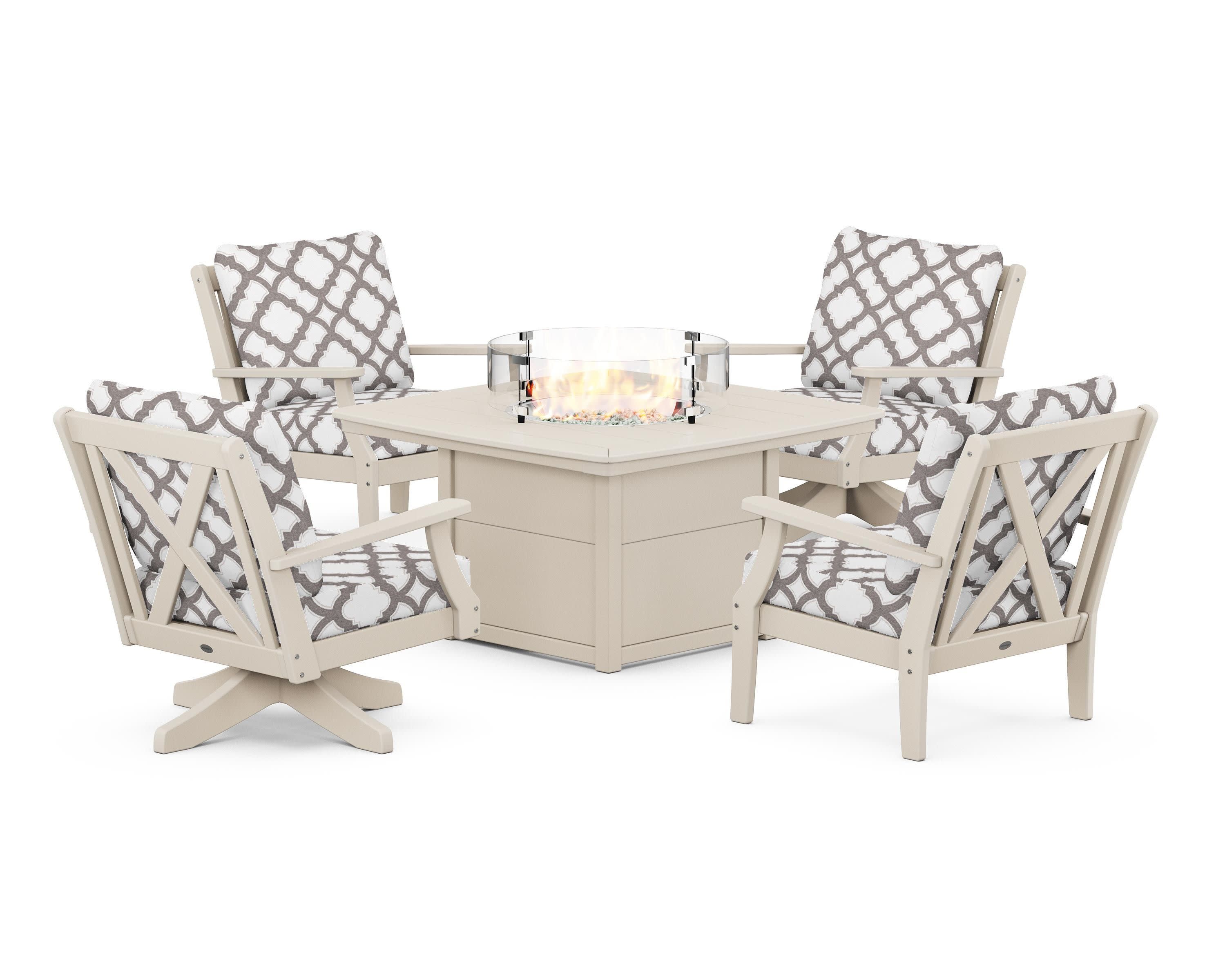 Braxton 5-Piece Deep Seating Set with Fire Table in Sand / Trellis Grey Mist
