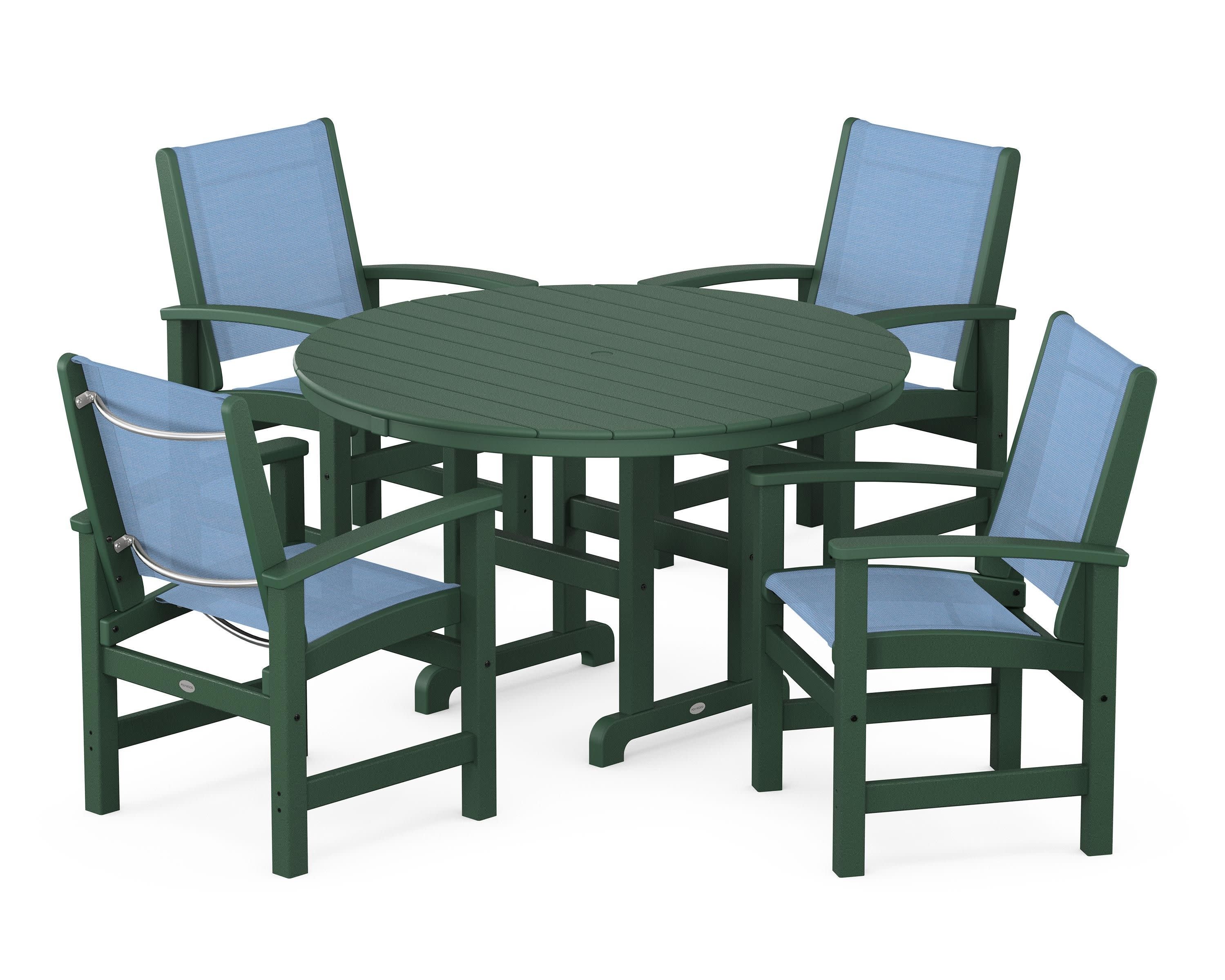 Coastal 5-Piece Round Farmhouse Dining Set in Green / Poolside Sling