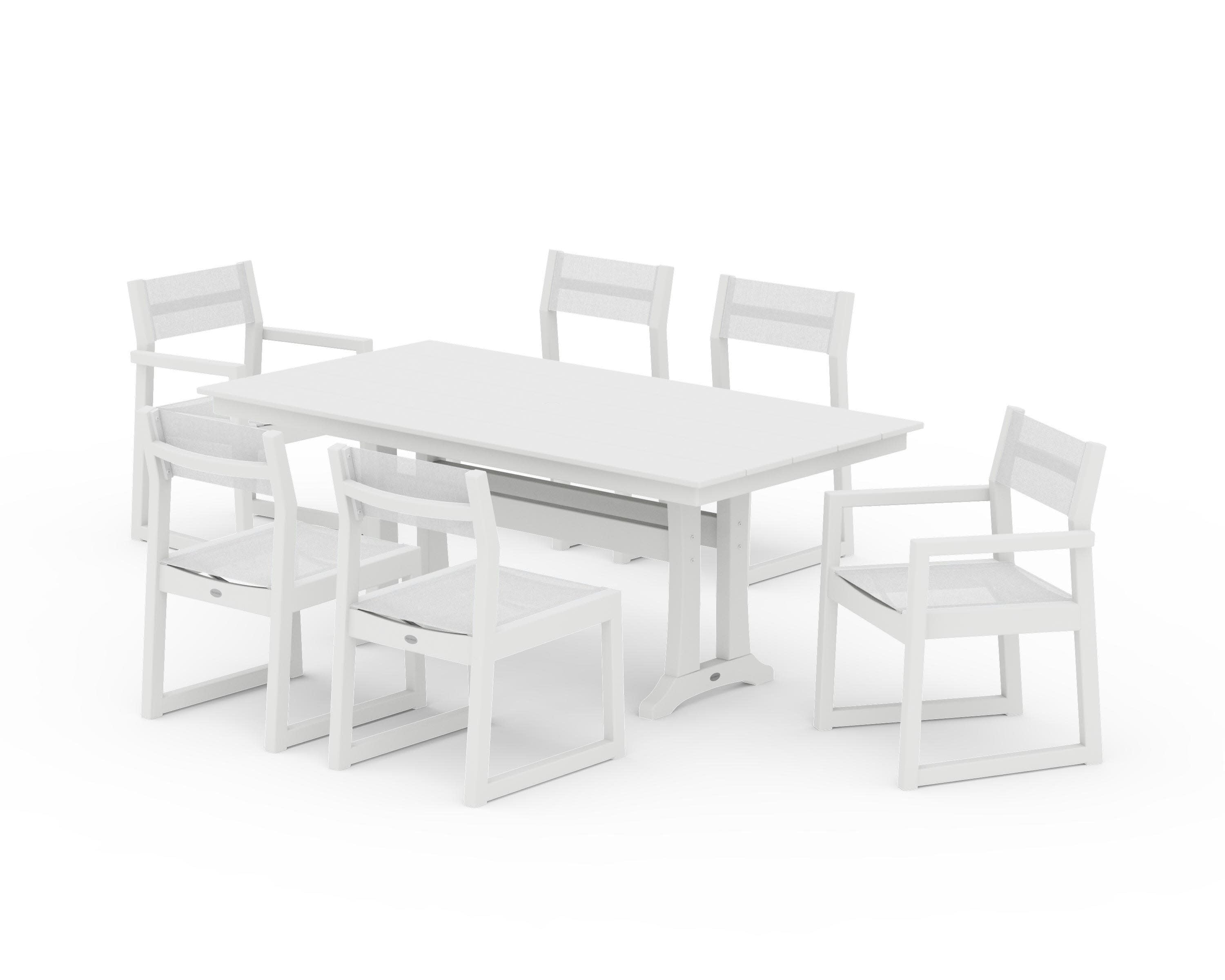 EDGE Sling 7-Piece Farmhouse Trestle Dining Set in White / White Sling