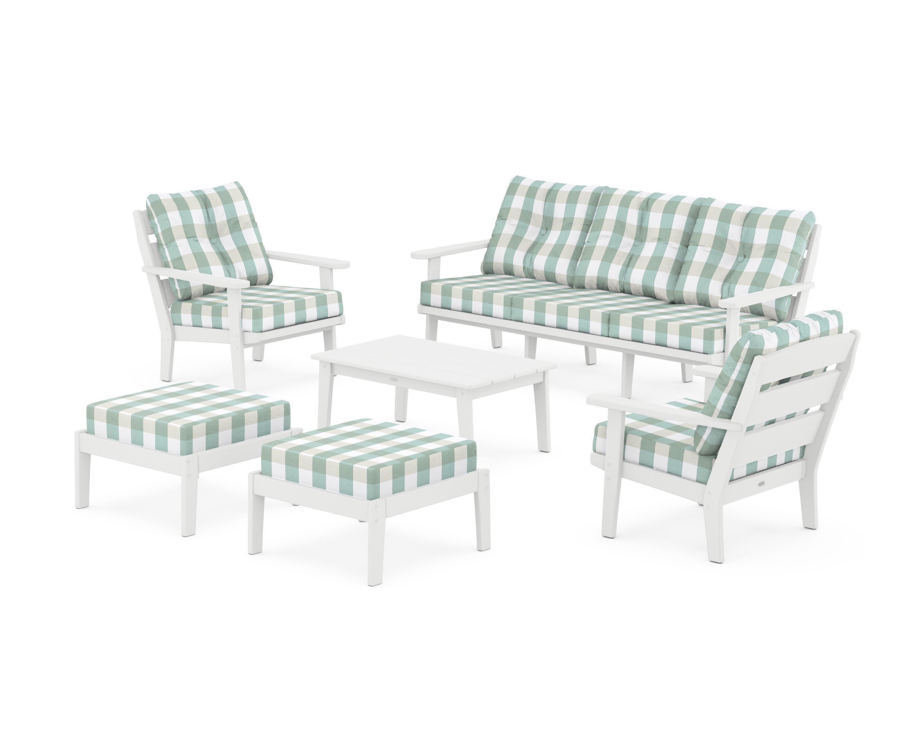 Lakeside 6-Piece Lounge Sofa Set in White / Buffalo Plaid Glacier Spa