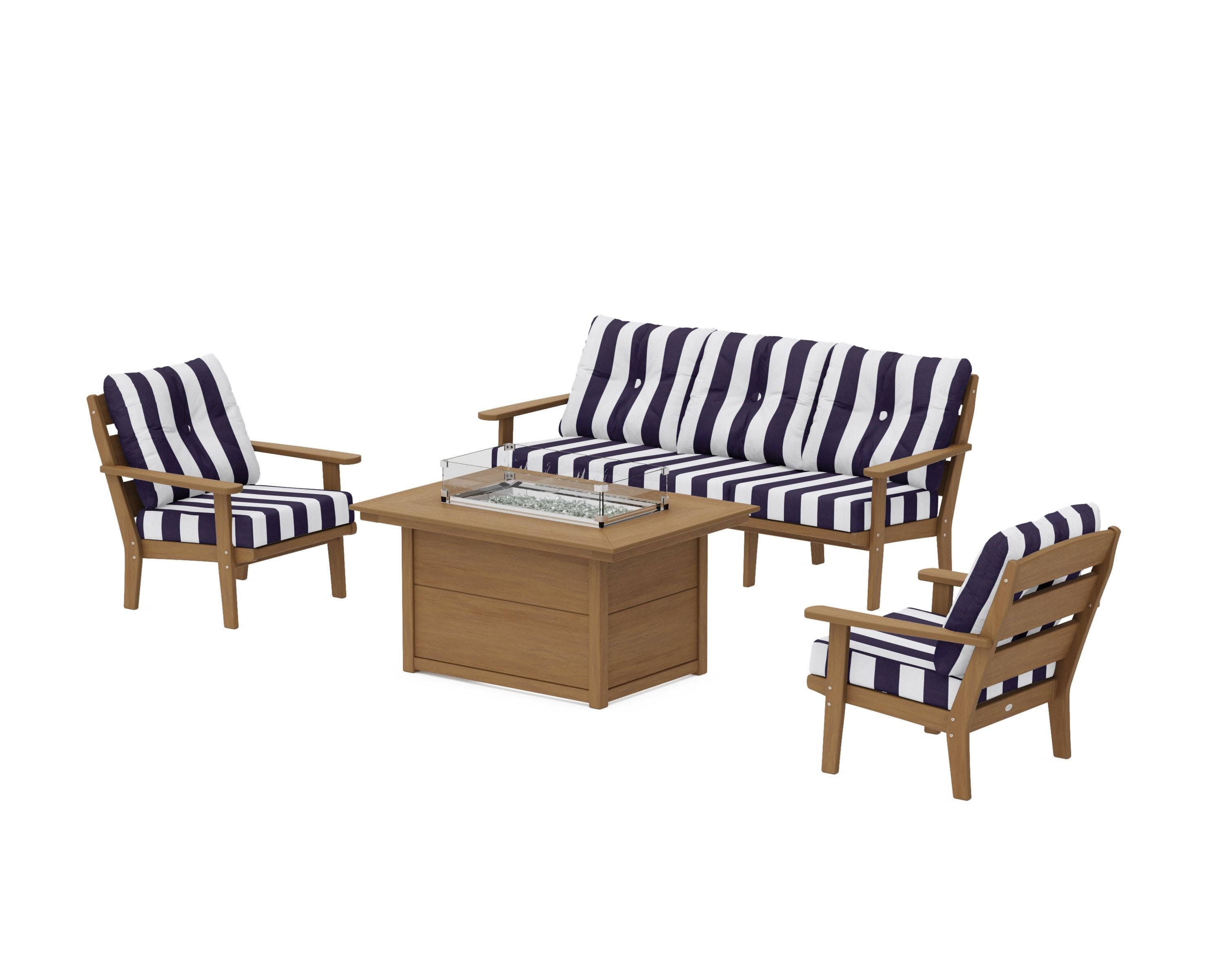Lakeside Deep Seating Fire Pit Table Set in Natural / Cabana Stripe Navy