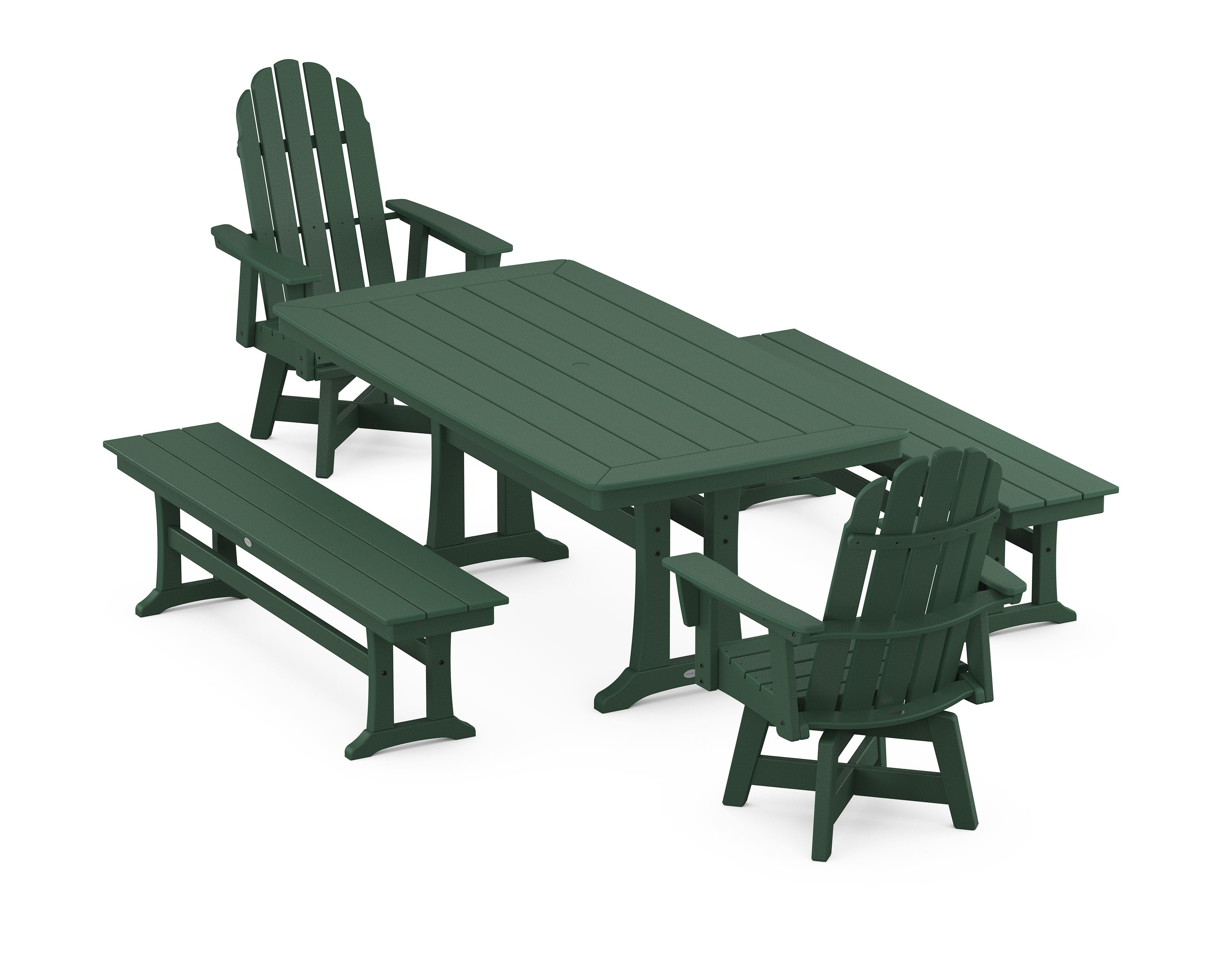 Vineyard Adirondack Swivel Chair 5-Piece Dining Set with Trestle Legs and Benches in Green