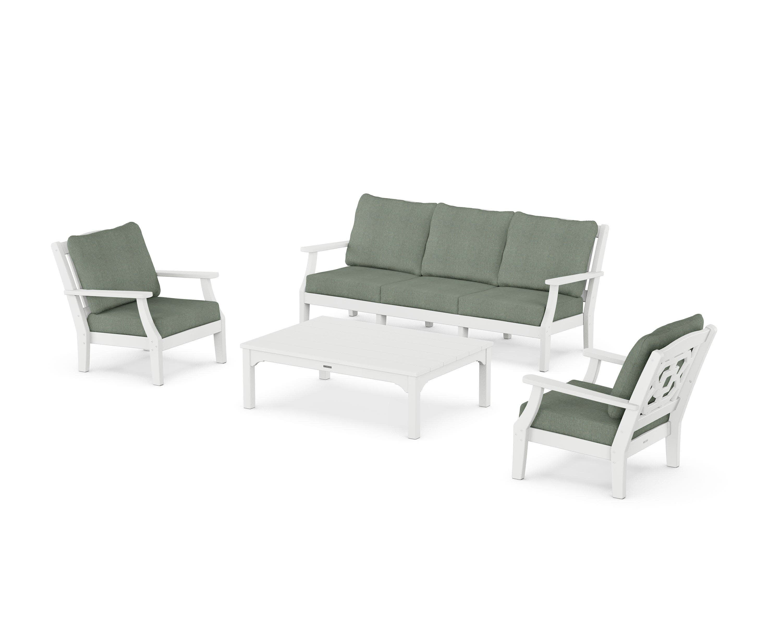 Chinoiserie 4-Piece Deep Seating Set with Sofa in White / Cast Sage