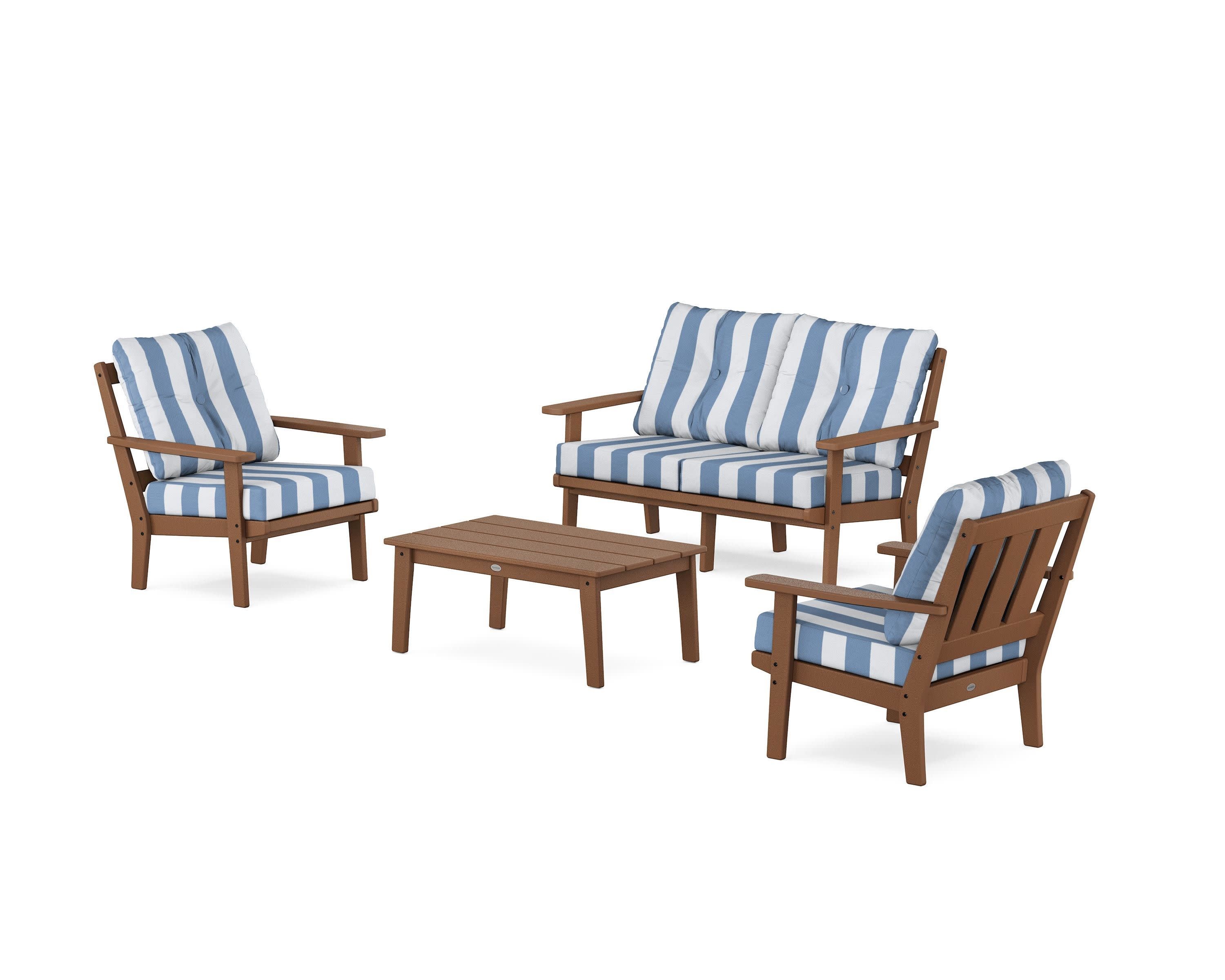Oxford 4-Piece Deep Seating Set with Loveseat in Teak / Cabana Stripe Sky Blue