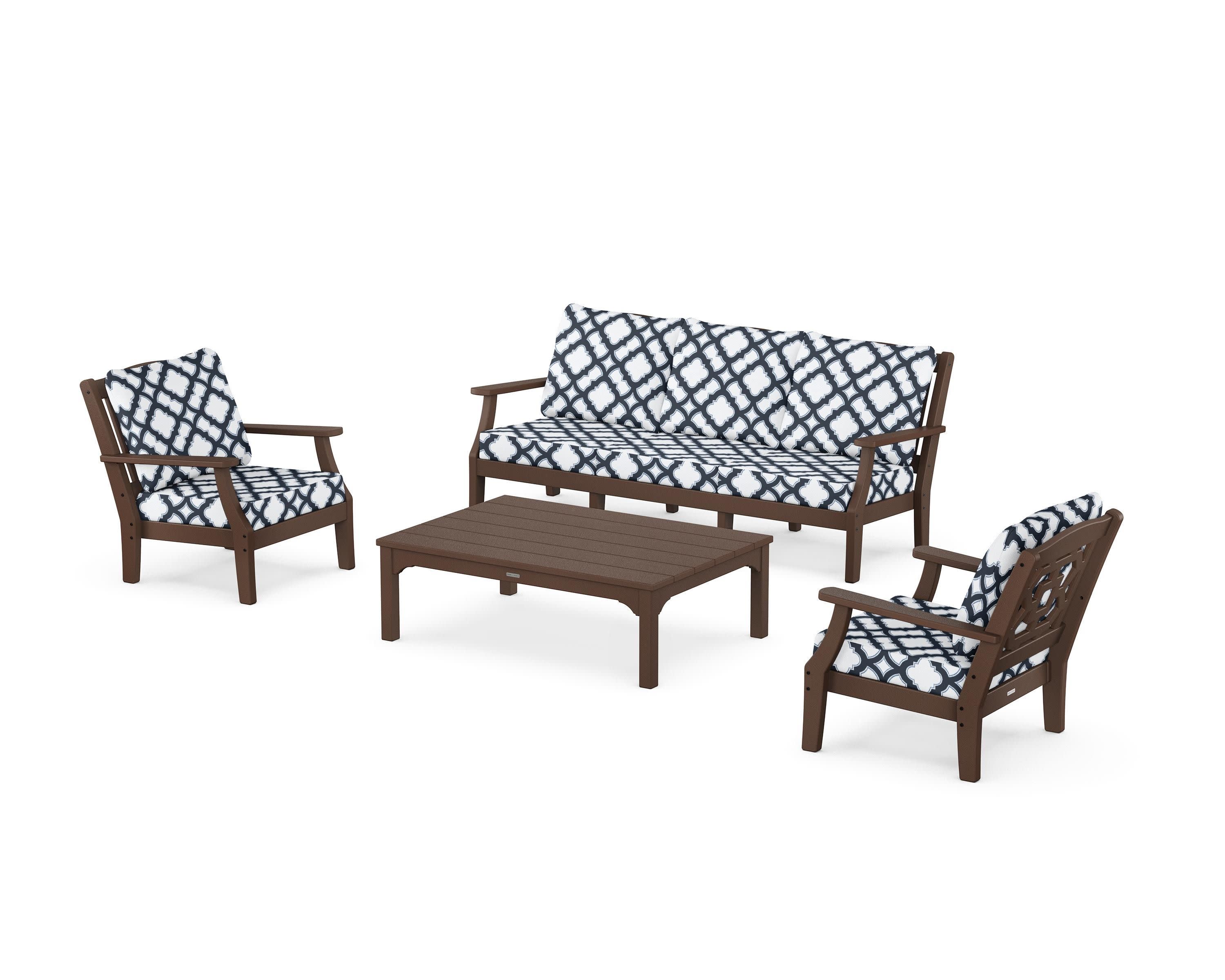 Chinoiserie 4-Piece Deep Seating Set with Sofa in Mahogany / Trellis Marine Indigo