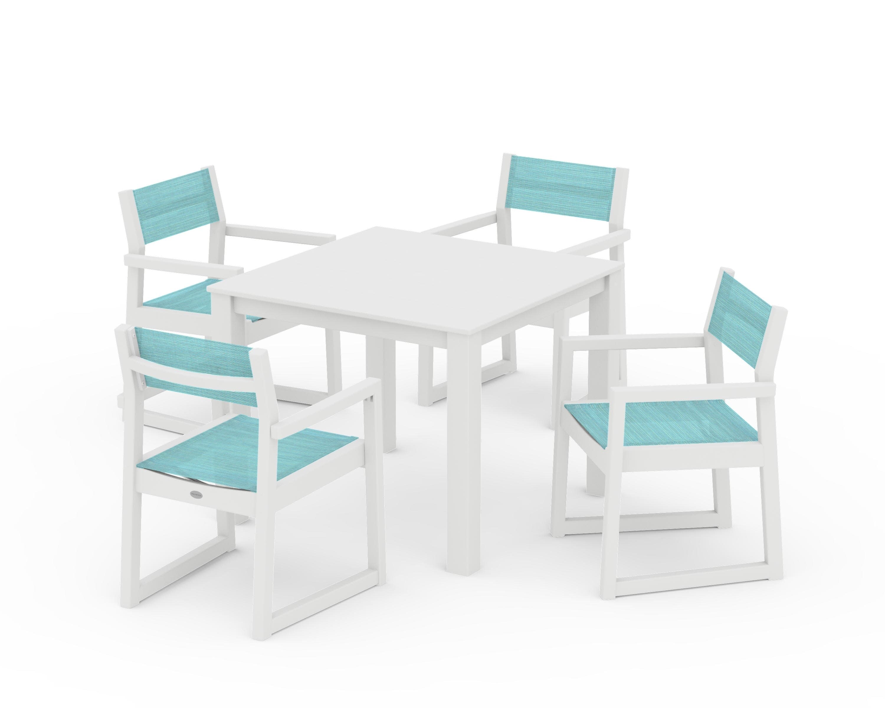 EDGE Sling Arm Chair 5-Piece Parsons Dining Set in White / Dupioni Aquamarine Sling