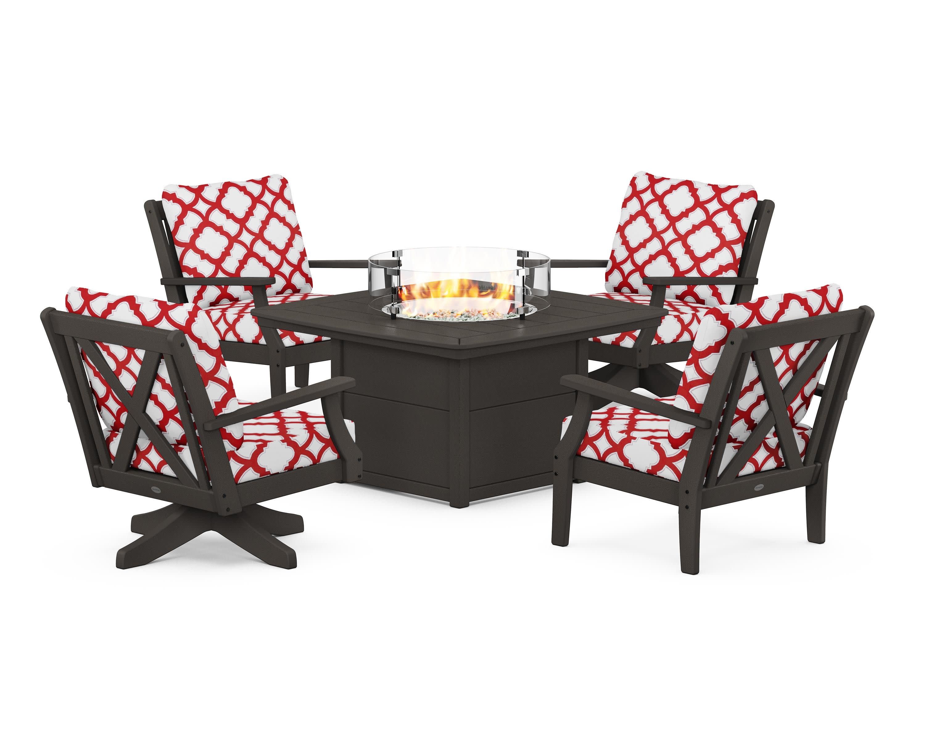 Braxton 5-Piece Deep Seating Set with Fire Table in Vintage Coffee / Trellis Crimson