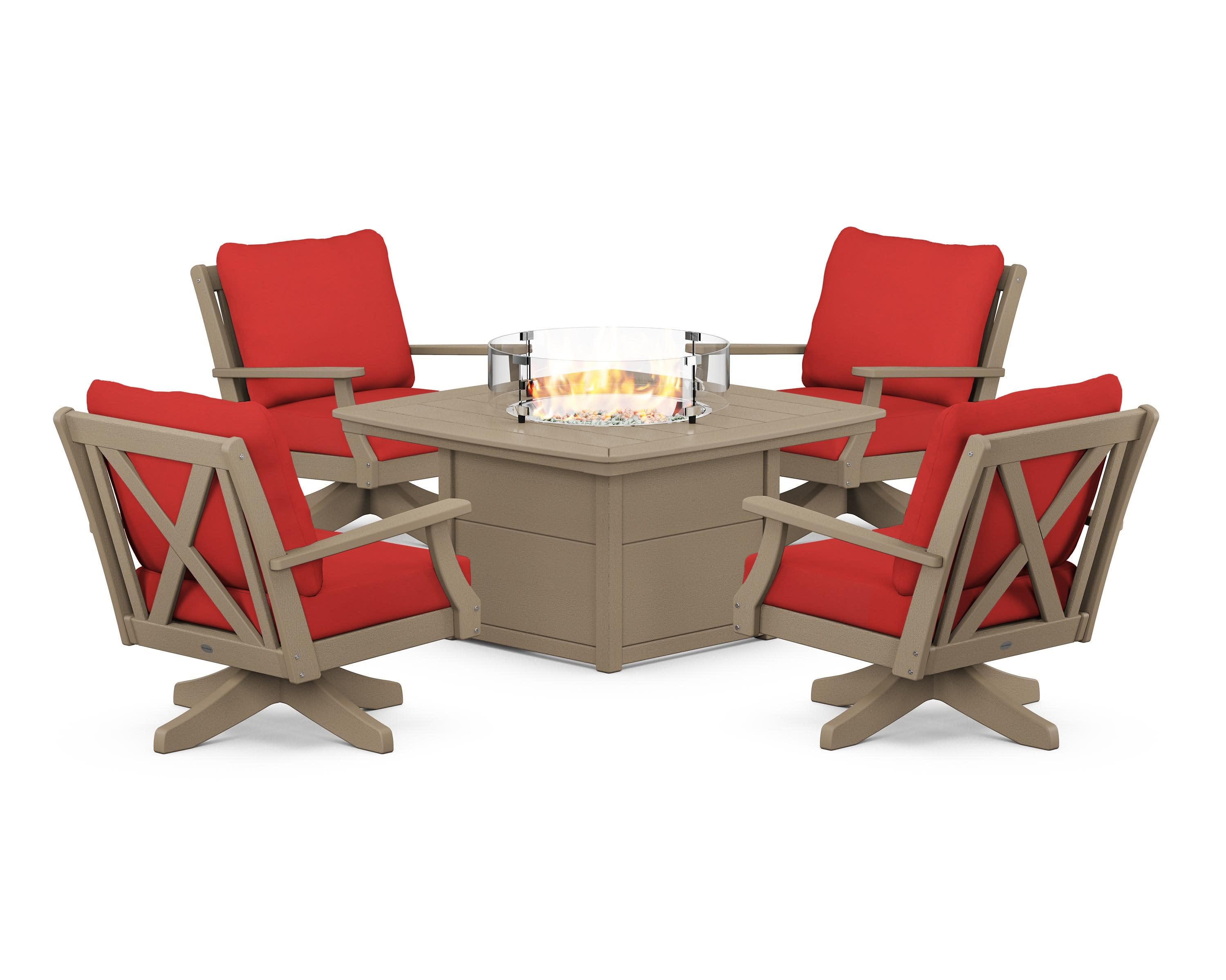 Braxton 5-Piece Deep Seating Swivel Conversation Set with Fire Pit Table in Vintage Sahara / Crimson Linen