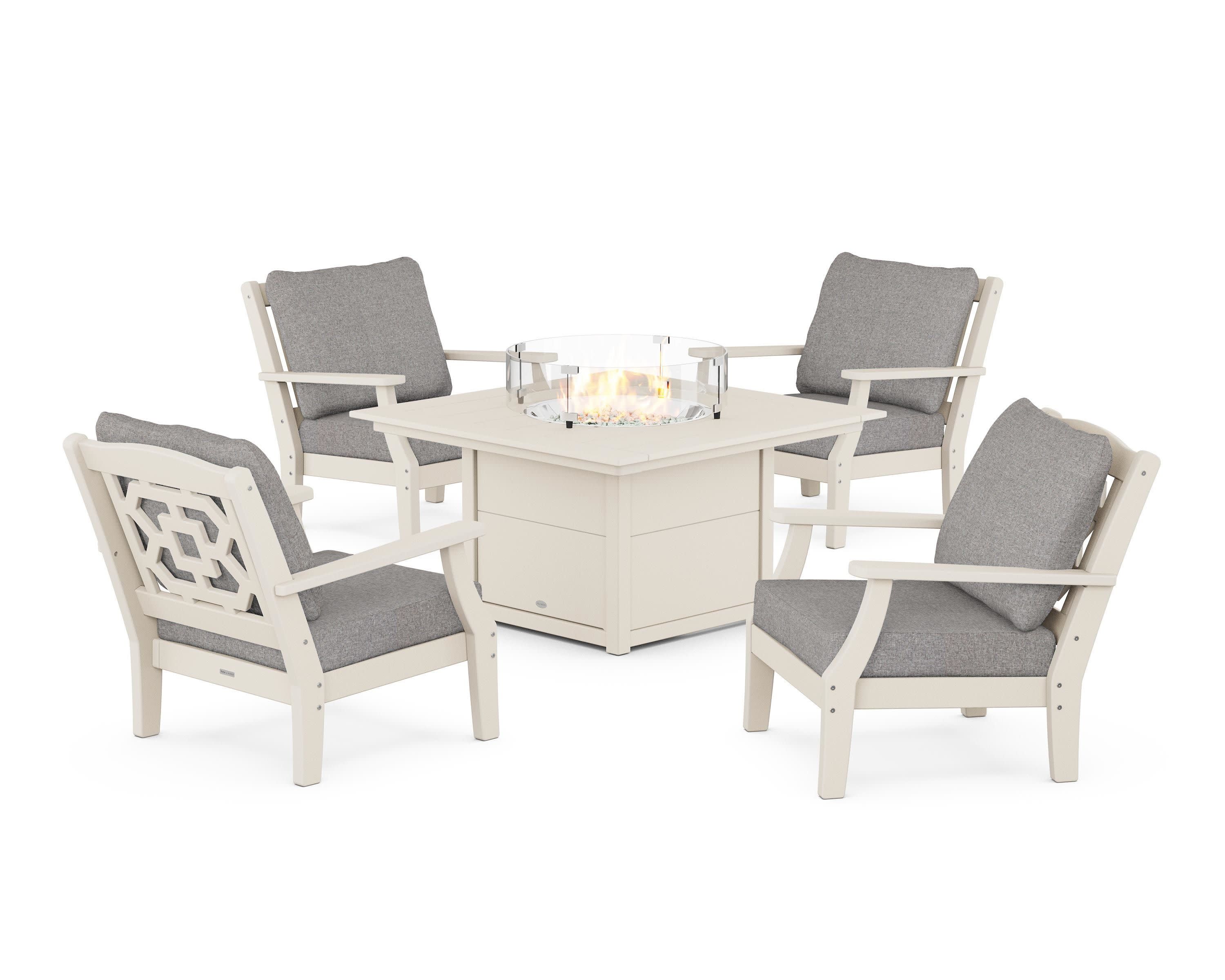 Chinoiserie 5-Piece Deep Seating Set with Fire Pit Table in Sand / Grey Mist