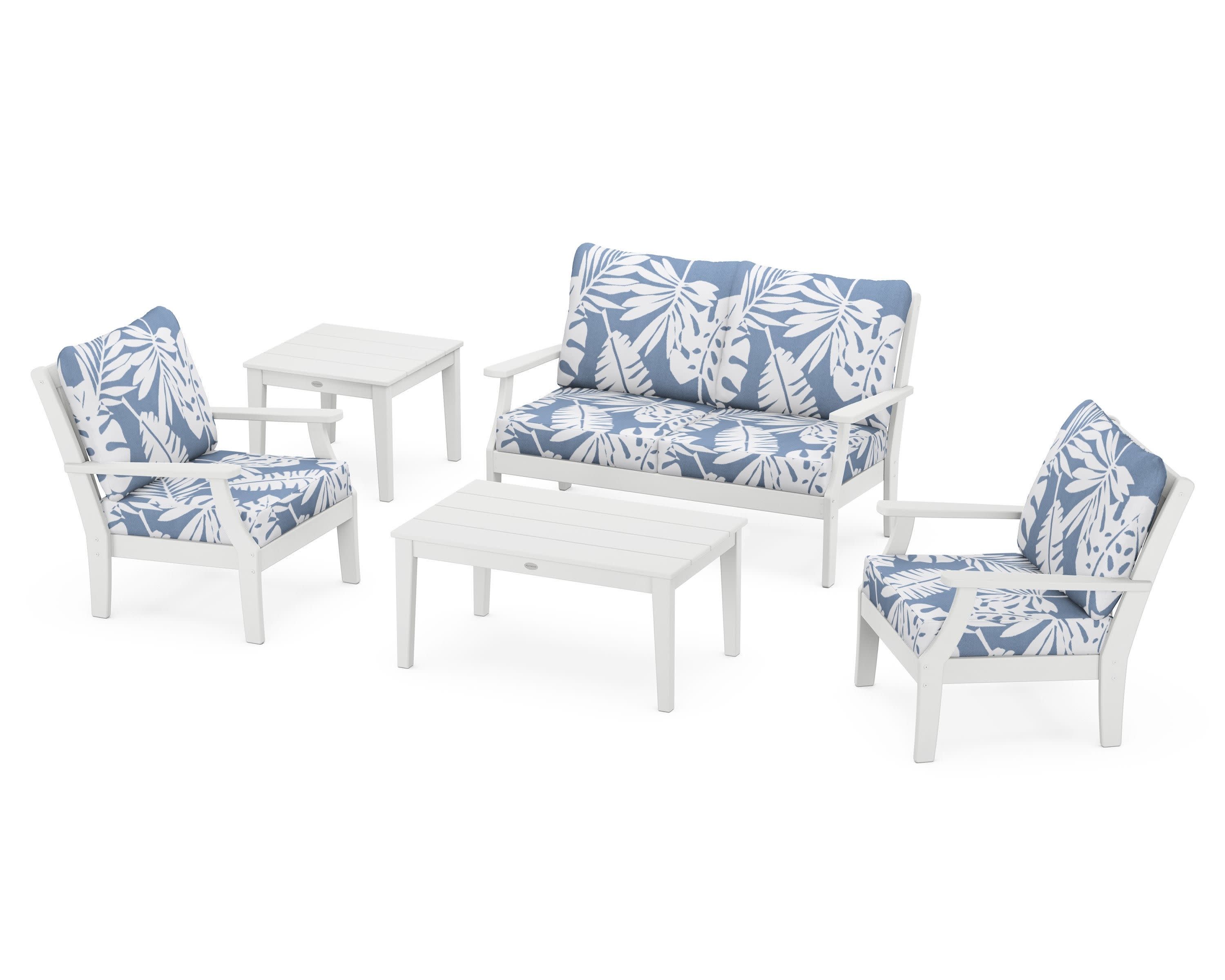 Braxton 5-Piece Deep Seating Set in White / Leaf Sky Blue