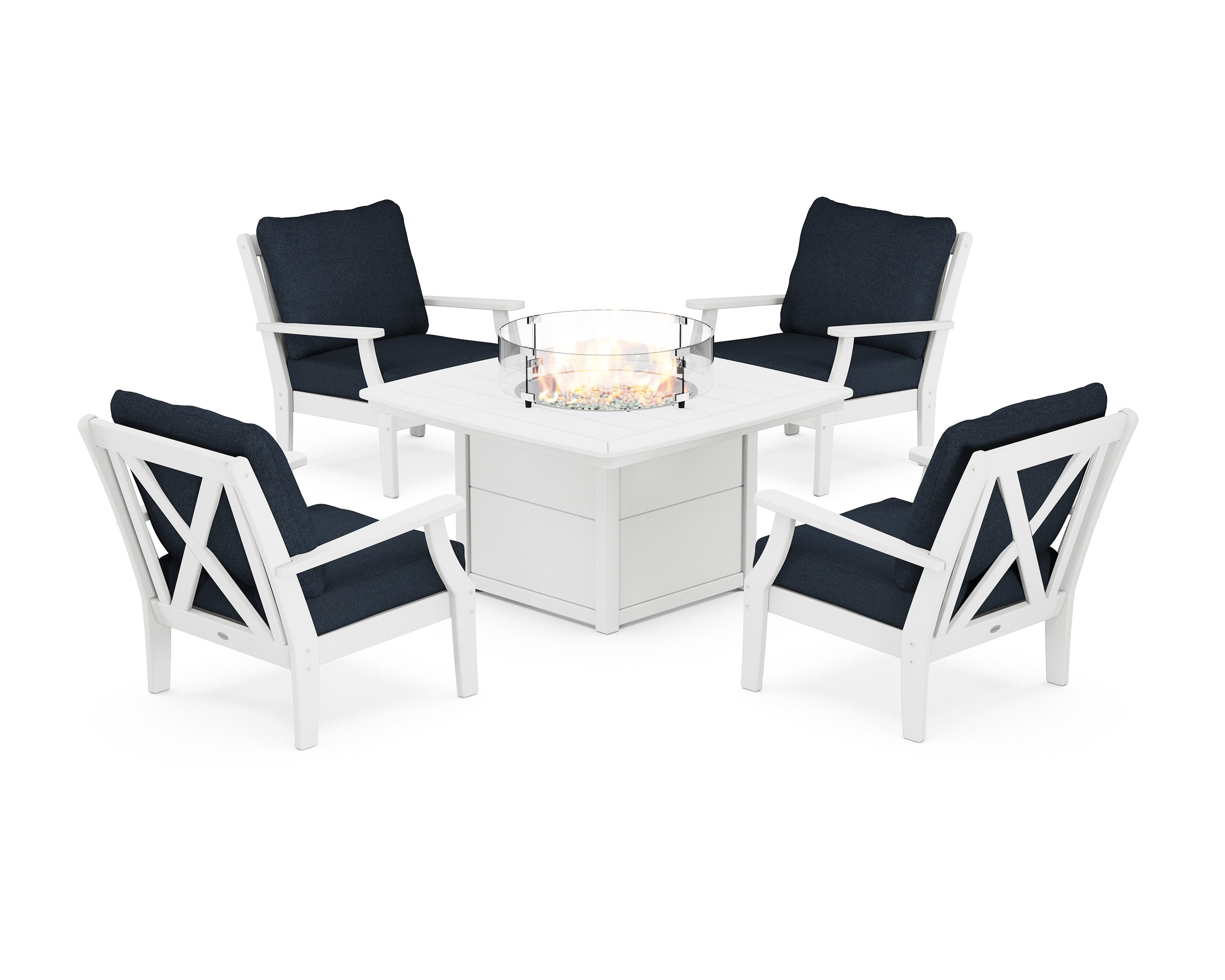 Braxton 5-Piece Deep Seating Conversation Set with Fire Pit Table in White / Marine Indigo