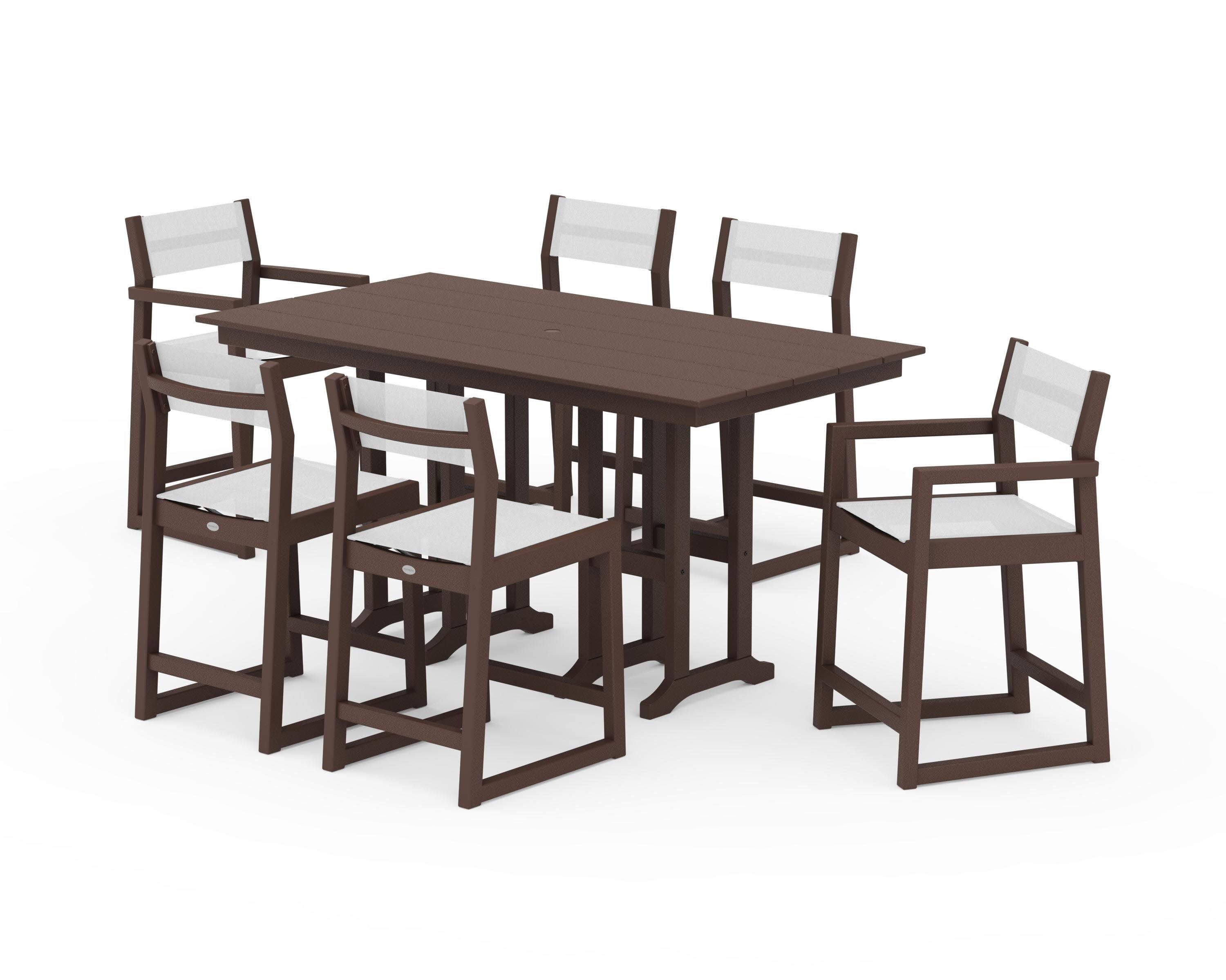EDGE Sling 7-Piece Farmhouse Counter Set with Trestle Legs in Mahogany / White Sling