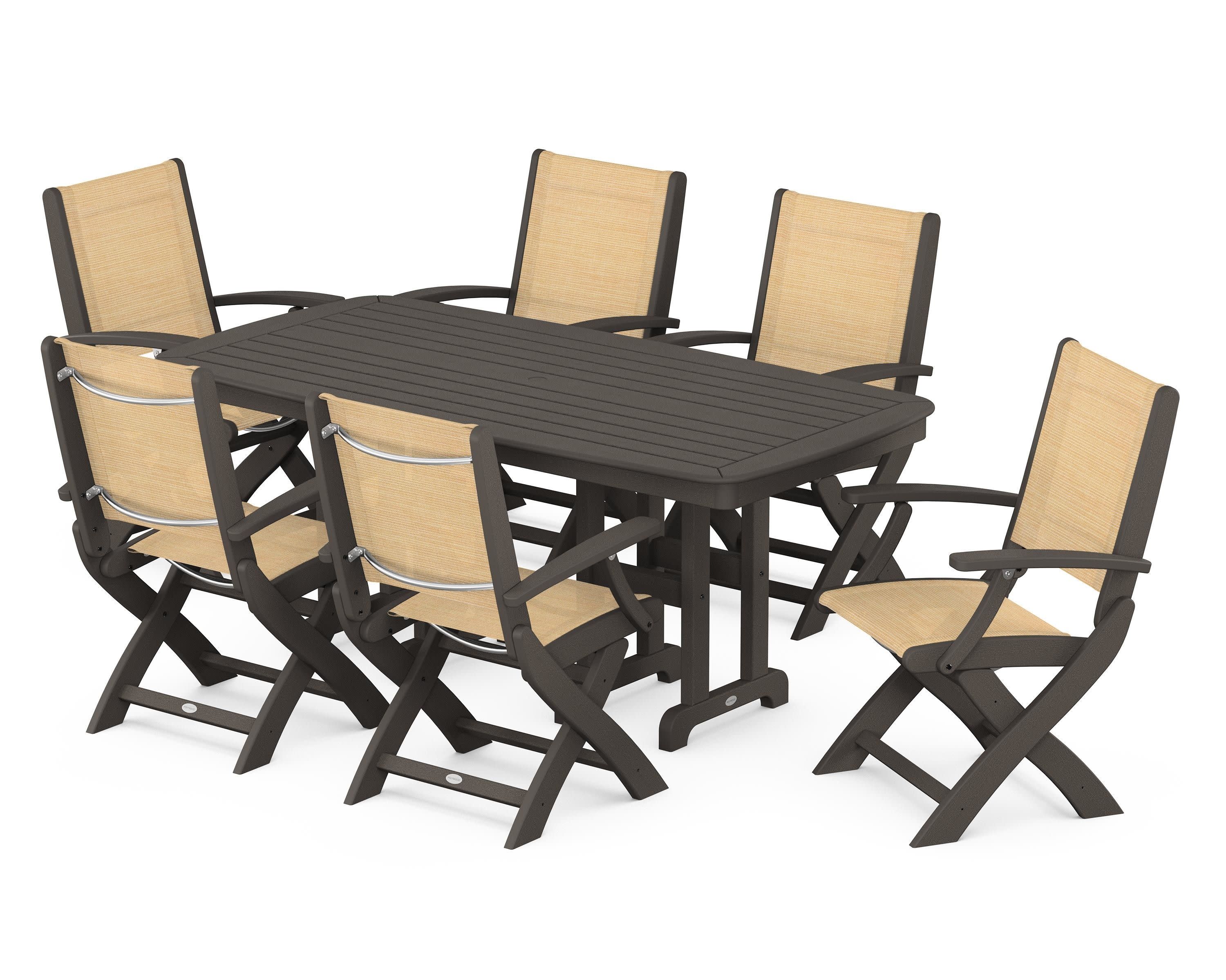 Coastal Folding Arm Chair 7-Piece Dining Set in Vintage Coffee / Dupioni Apricot Sling