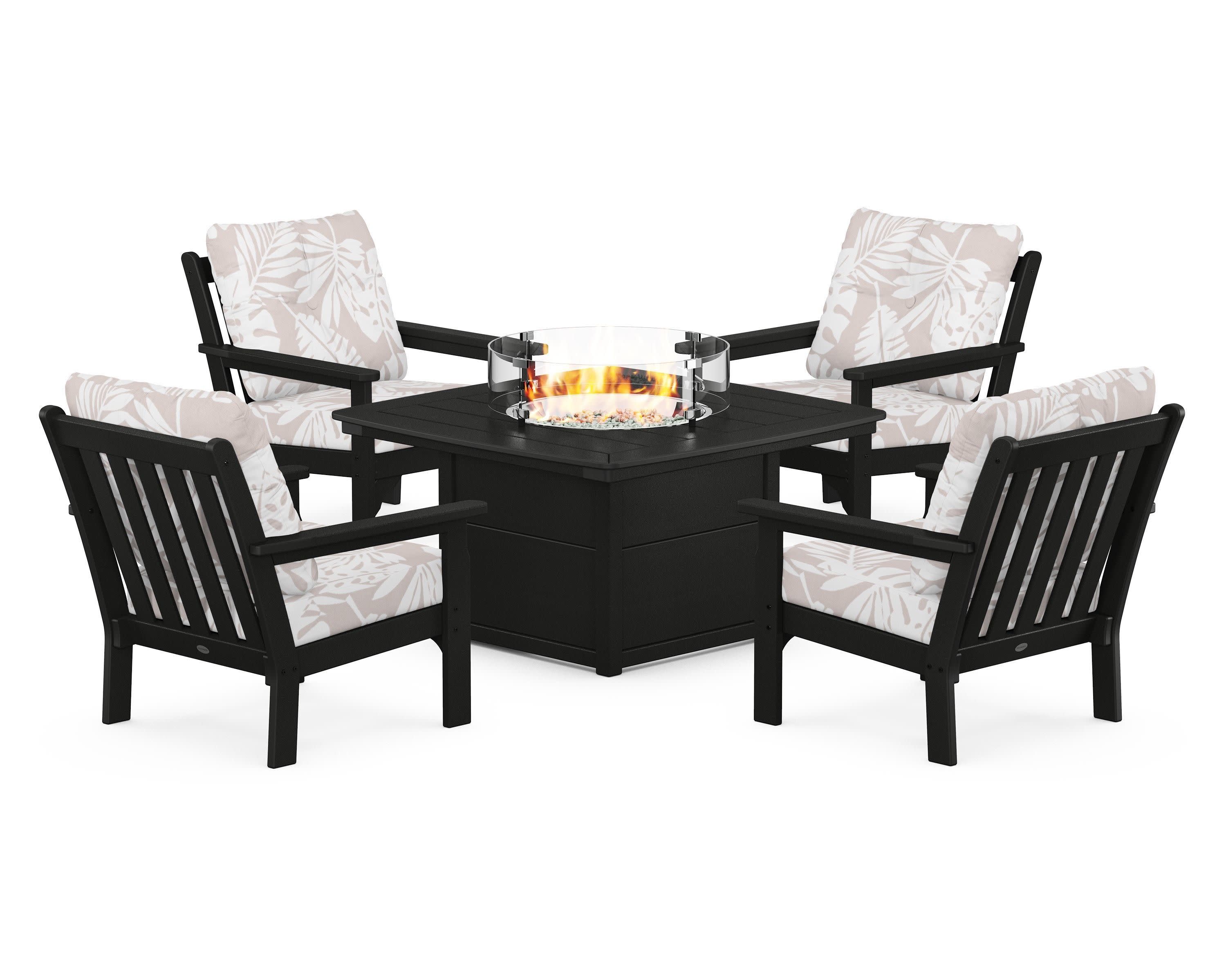 Vineyard 5-Piece Conversation Set with Fire Pit Table in Black / Leaf Dune Burlap