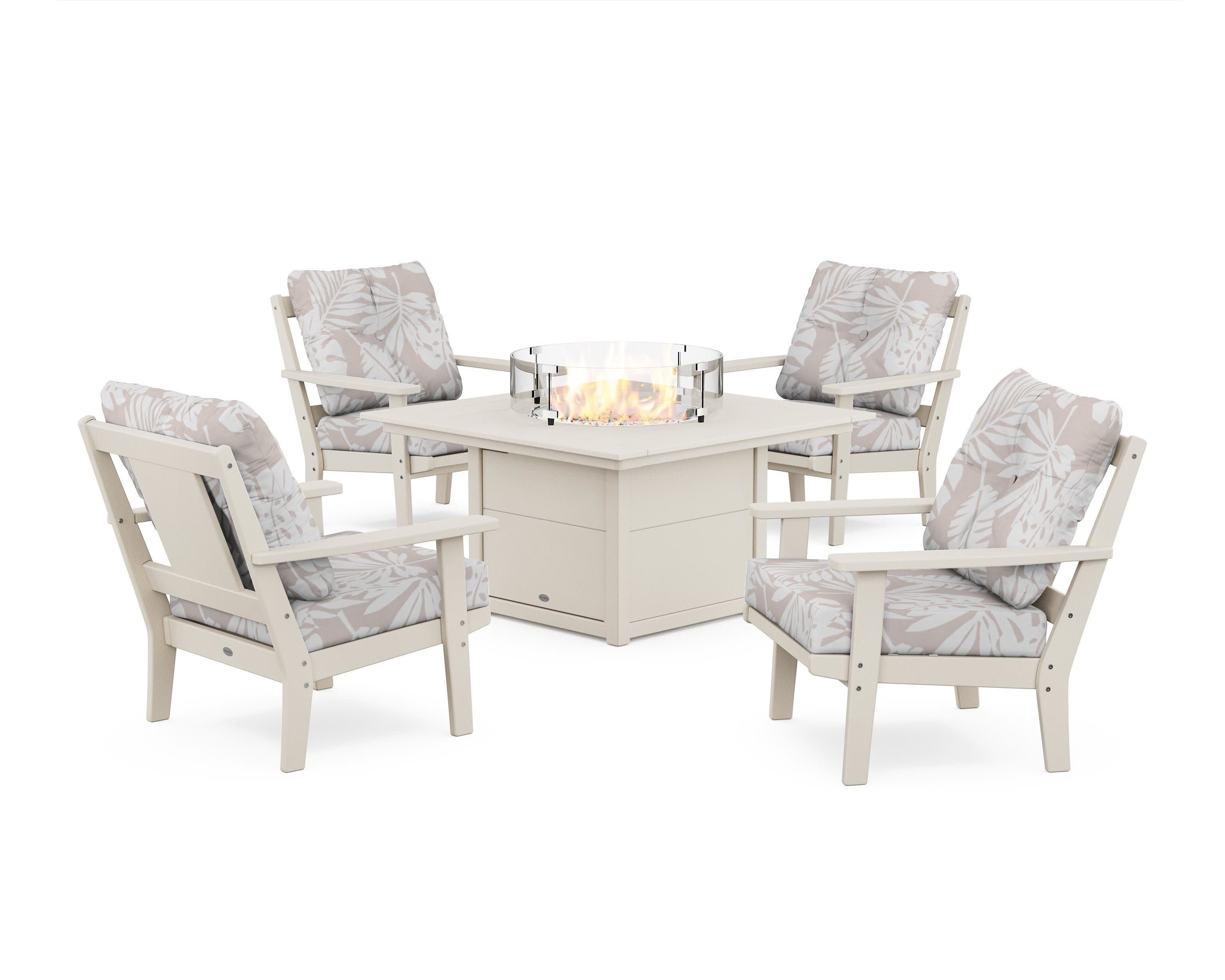 Prairie 5-Piece Deep Seating Set with Fire Pit Table in Sand / Leaf Dune Burlap