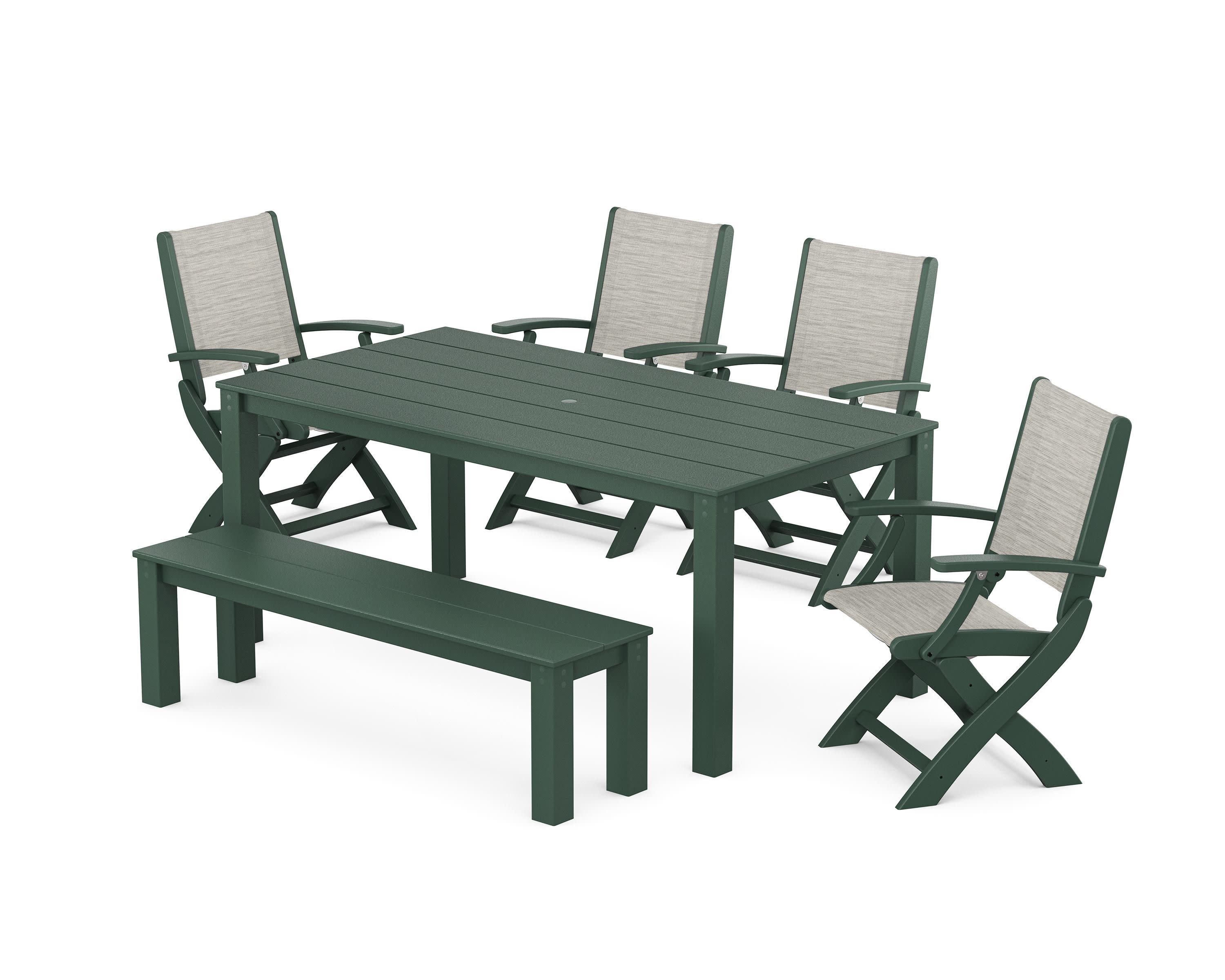 Coastal Folding Chair 6-Piece Parsons Dining Set with Bench in Green / Birch Sling