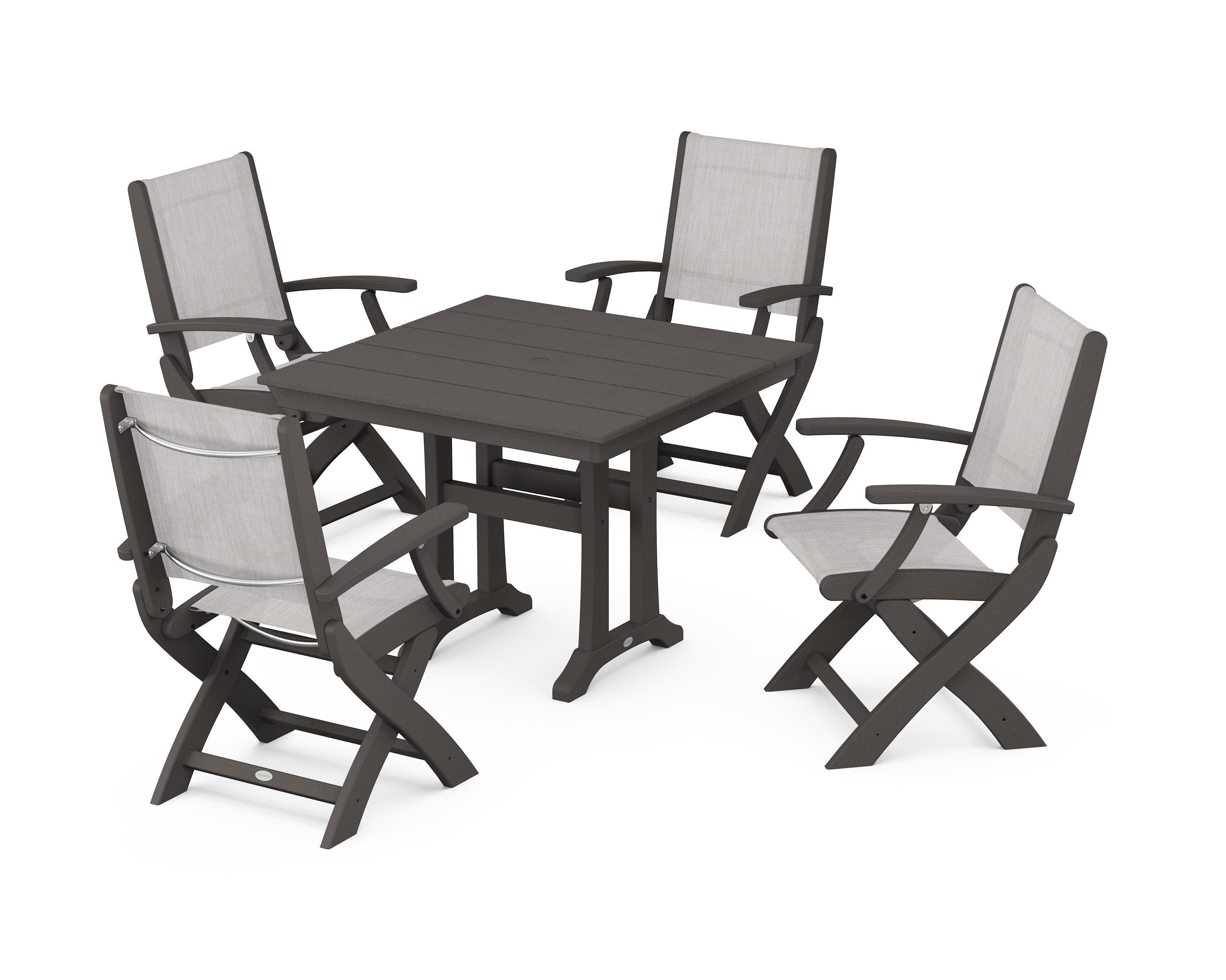 Coastal Folding Chair 5-Piece Farmhouse Dining Set With Trestle Legs in Vintage Coffee / Parchment Sling