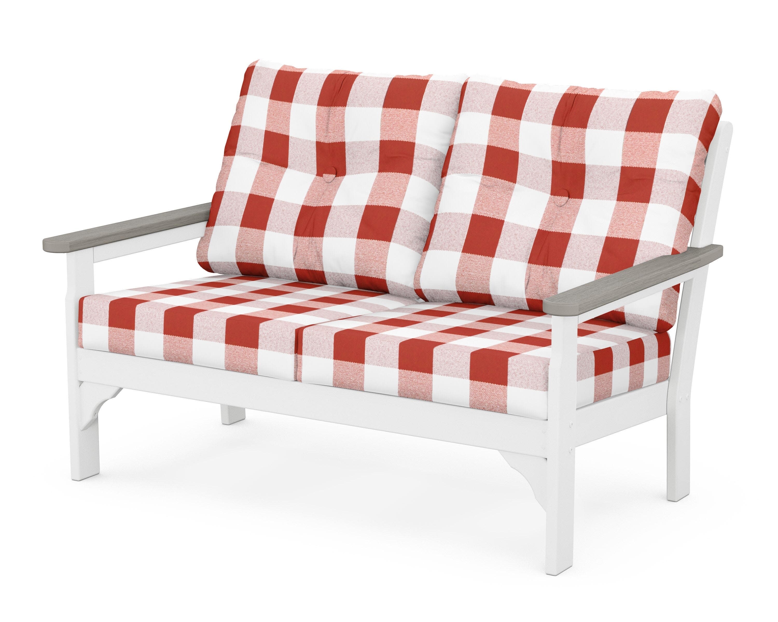 Vineyard Deep Seating Loveseat in White / Driftwood / Buffalo Plaid Crimson