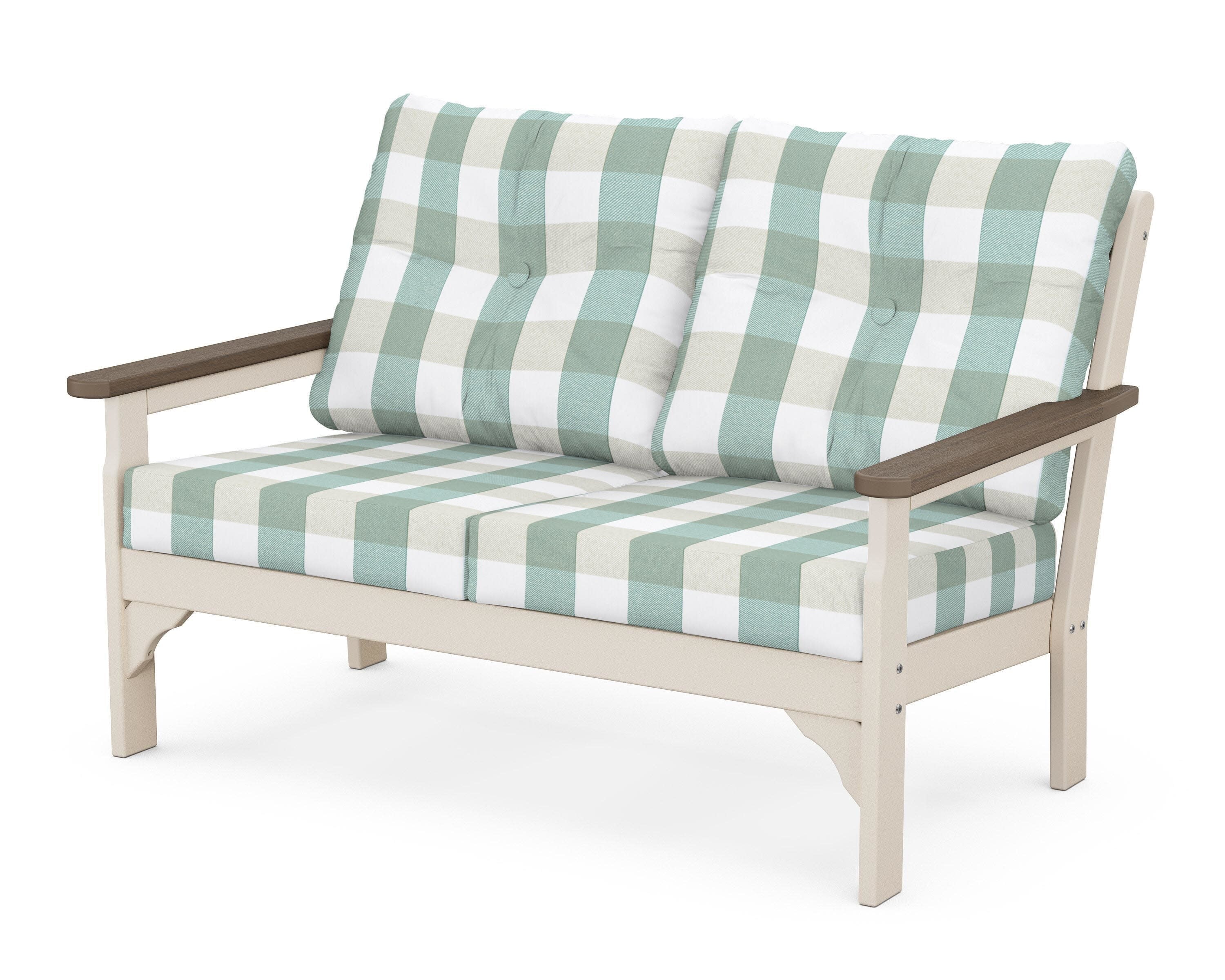 Vineyard Deep Seating Loveseat in Sand / Kona / Buffalo Plaid Glacier Spa